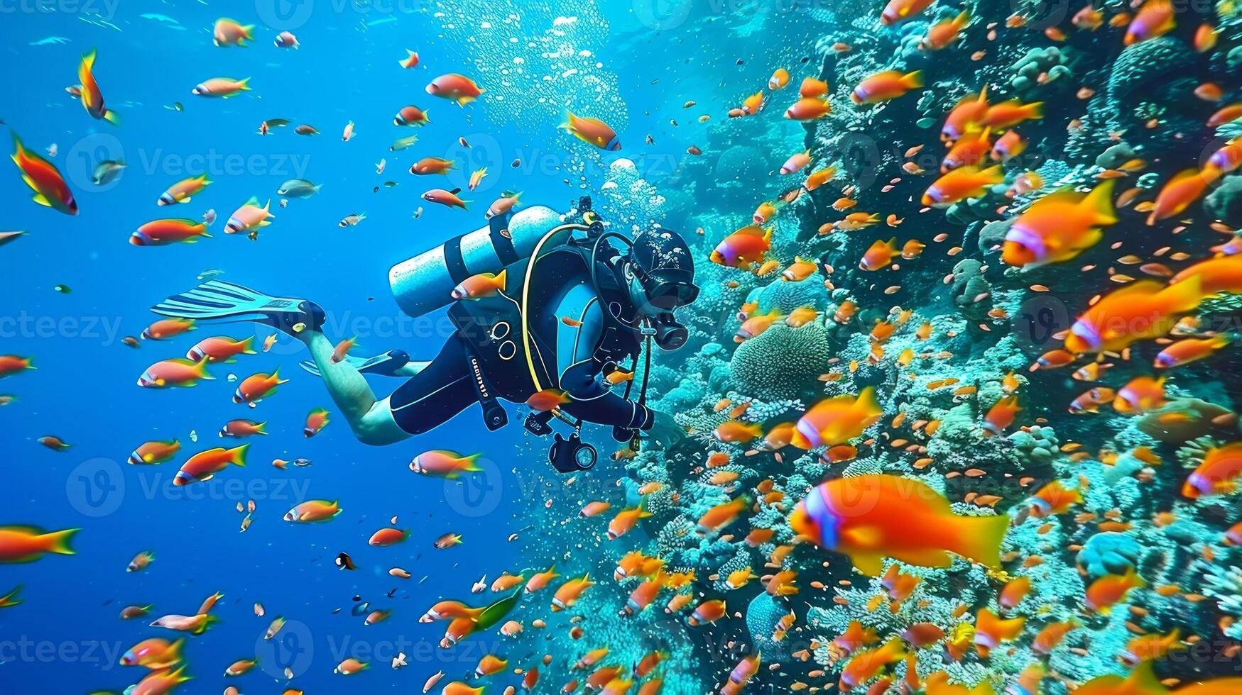 Diver surrounded by tropical fish in a coral reef environment. Underwater exploration with marine life. Concept of diving tourism, ocean adventure, and marine conservation. photo