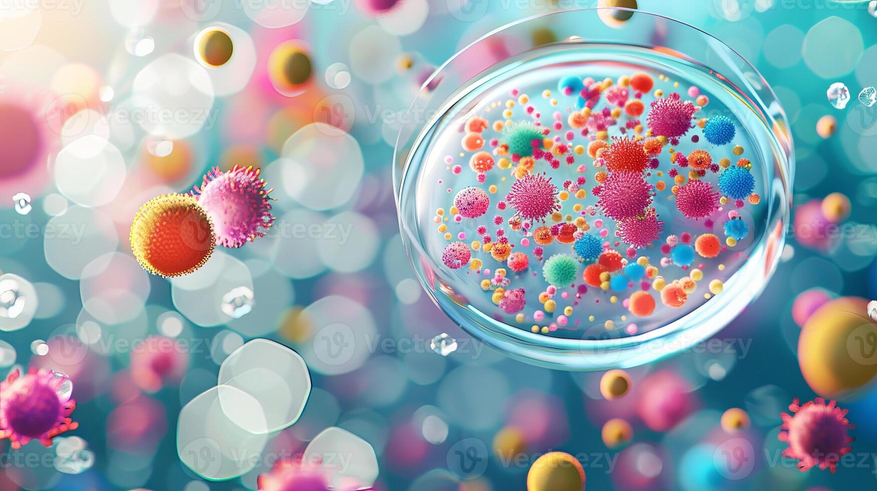 Colorful microscopic view of various viruses and bacteria in a fluid medium. Concept of microbiology, disease, infectious agents, scientific research, petri dish photo