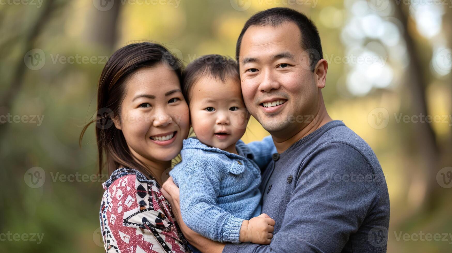 Asian family portrait in a park. Mother, father, and baby boy smiling. Concept of family, happiness, bonding photo