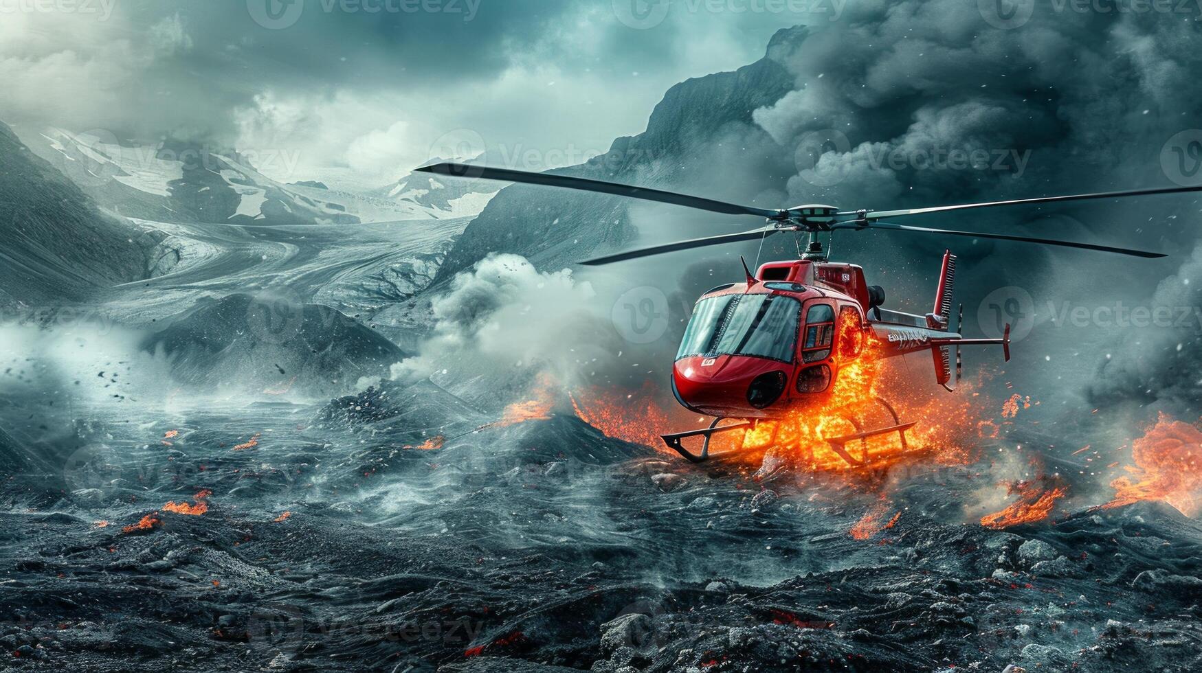 Red helicopter on fire flying over snowy mountains. Burning chopper above icy peaks. Concept of aerial accident, rescue mission, emergency situation photo