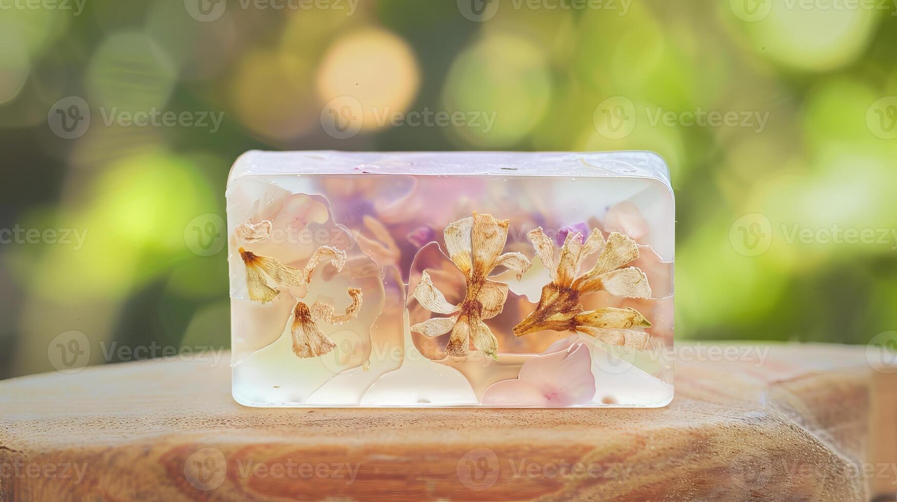 Transparent floral soap with embedded flowers on a wooden surface. Concept of natural skincare, herbal beauty products, handcrafted soap, eco-friendly cosmetics photo