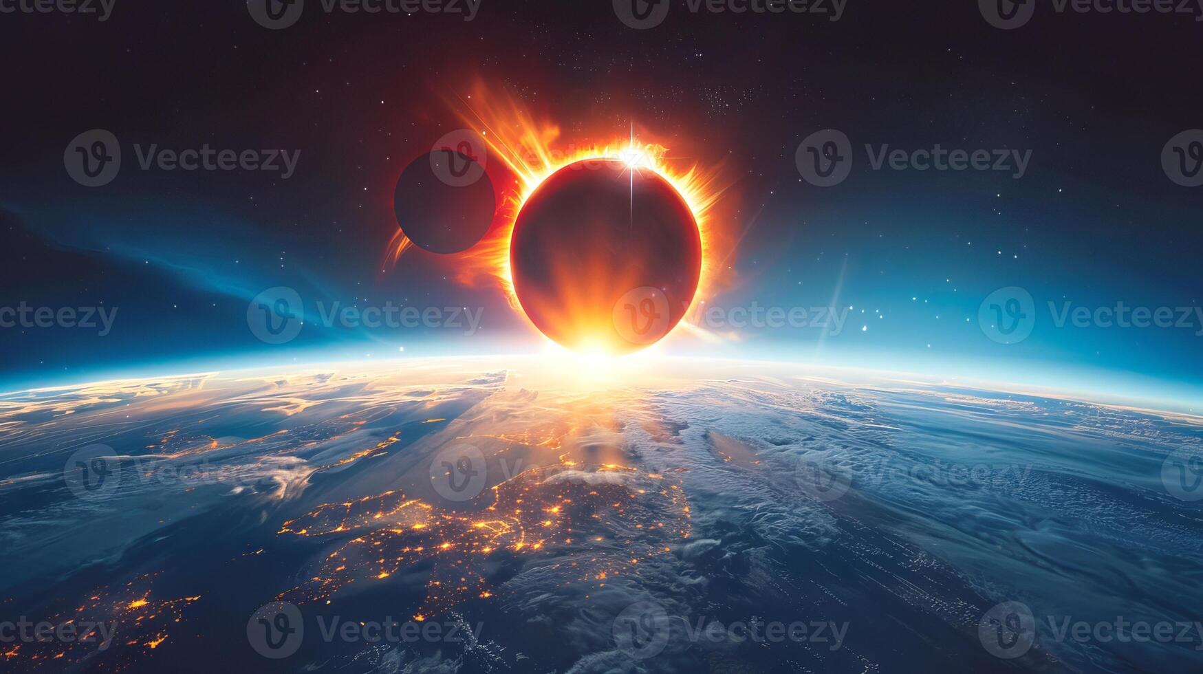 Solar eclipse seen from space with another planet. Celestial event from the orbit with a second planet visible. Concept of astronomy, space exploration, cosmic phenomena, and planetary alignment photo