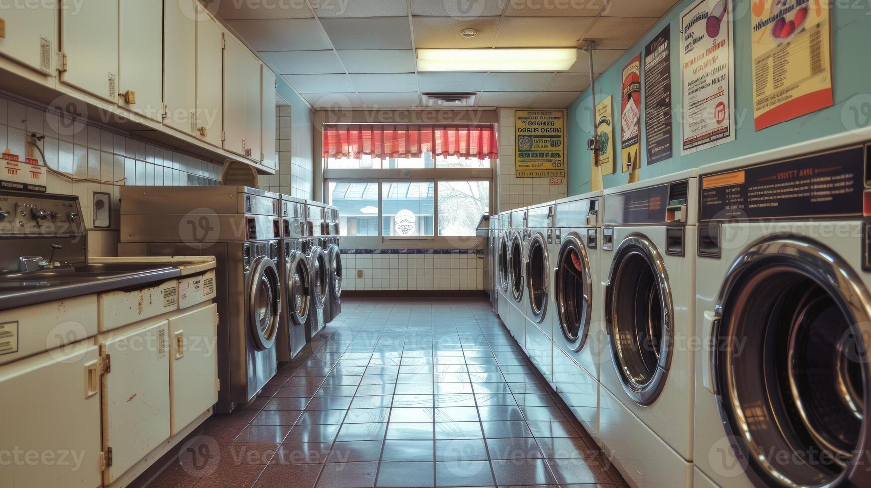 Old-fashioned laundry setting with pastel-colored machines and classic window views. Retro laundry interior. Concept of vintage aesthetic, timeless laundry designs, and cozy atmosphere. photo
