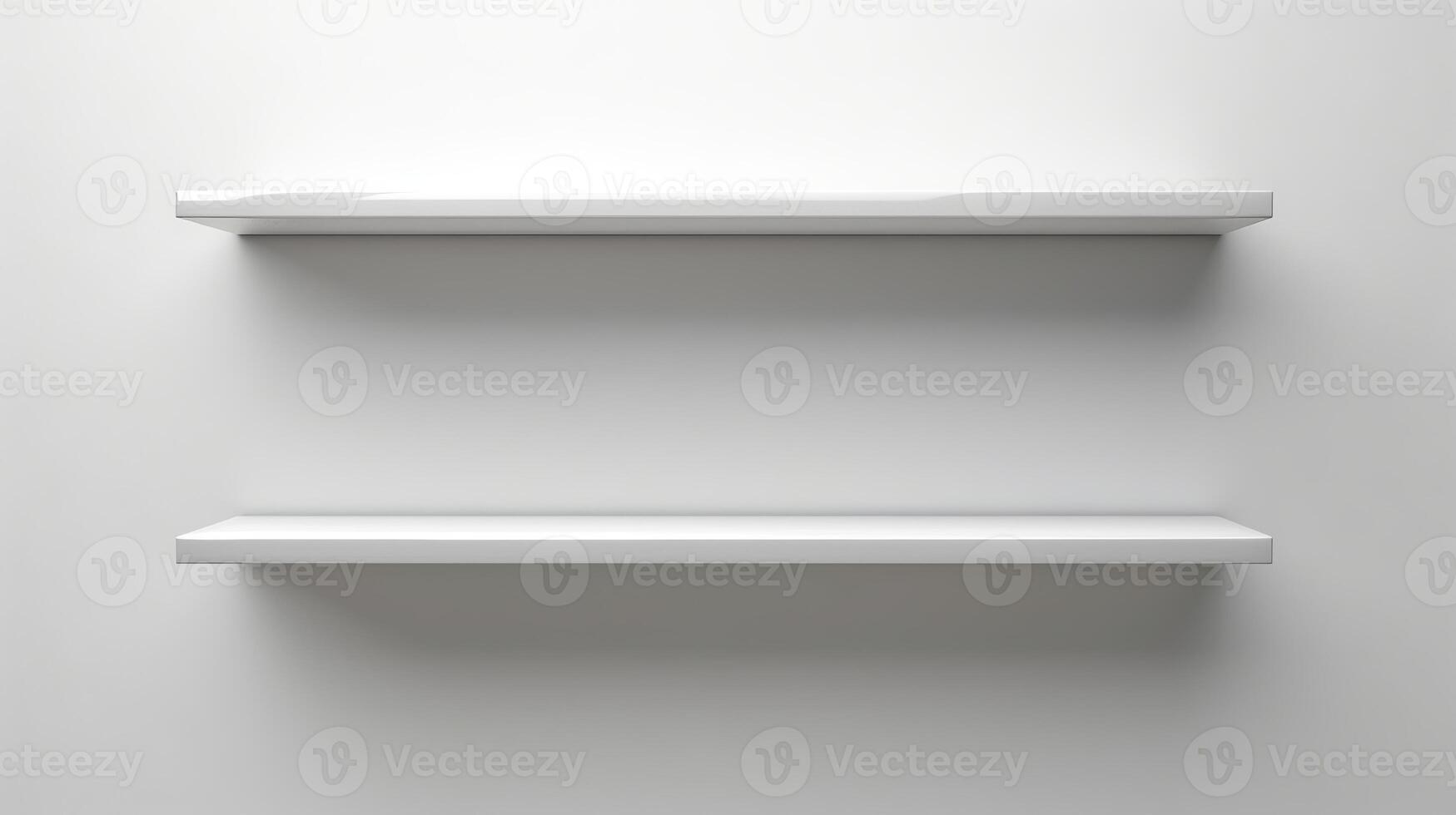 Modern minimalist white wall shelves design. Concept of interior decoration, home organization, clean and simple aesthetic. Copy space. Mockup. Empty Shelves on a White Wall photo