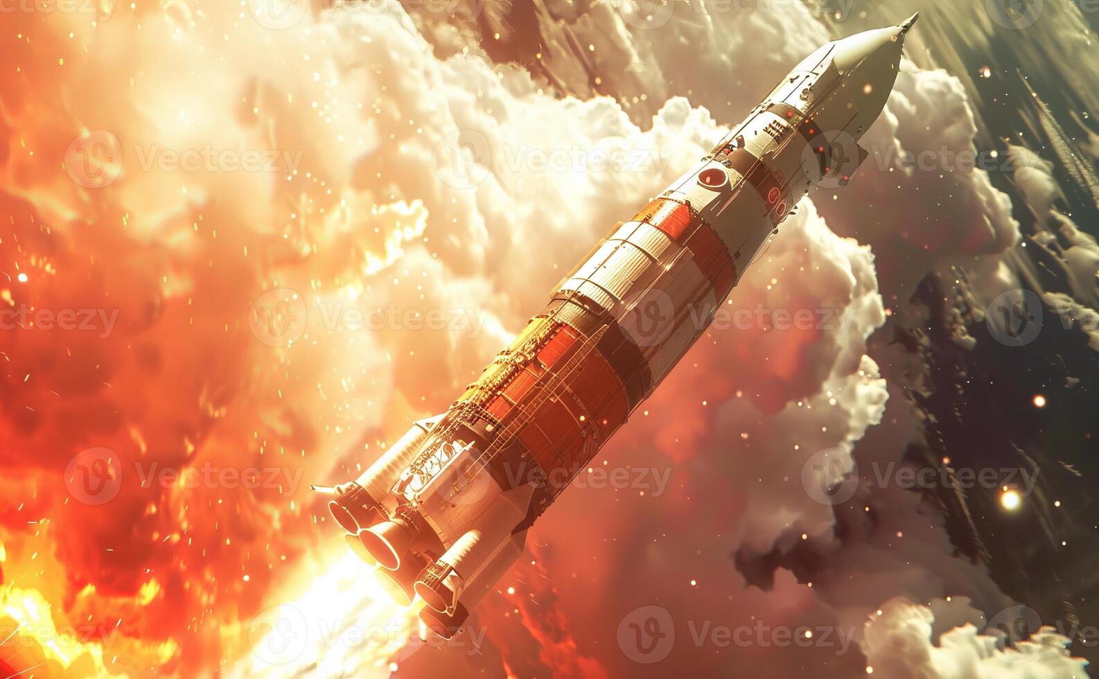 Rocket launching amidst fiery clouds and vibrant sky Concept of space exploration, aerospace technology, scientific achievement, engineering marvel photo