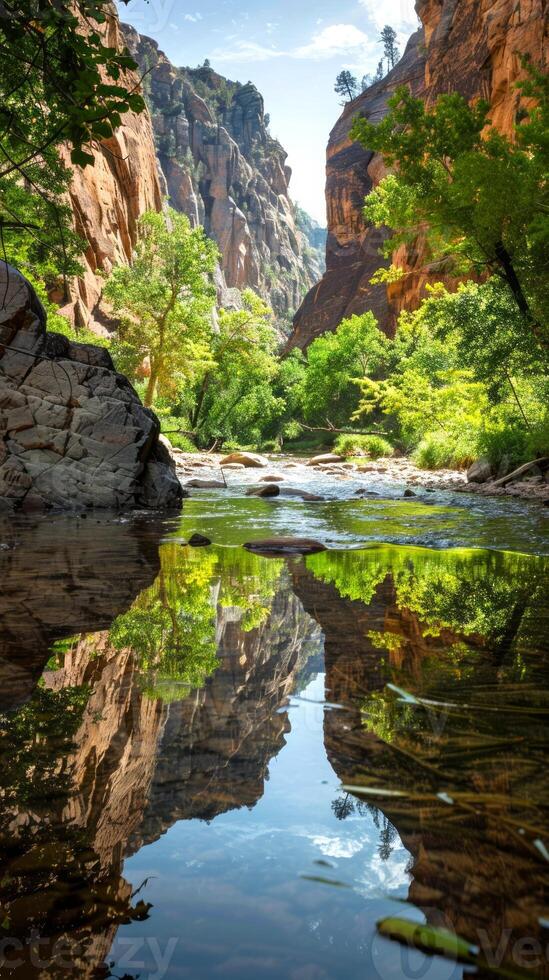 Serene canyon mirrored in a tranquil river with lush greenery. Calm gorge reflected in clear water with vibrant plants. Concept of natural beauty, tranquility, outdoor scenery, nature. Vertical photo