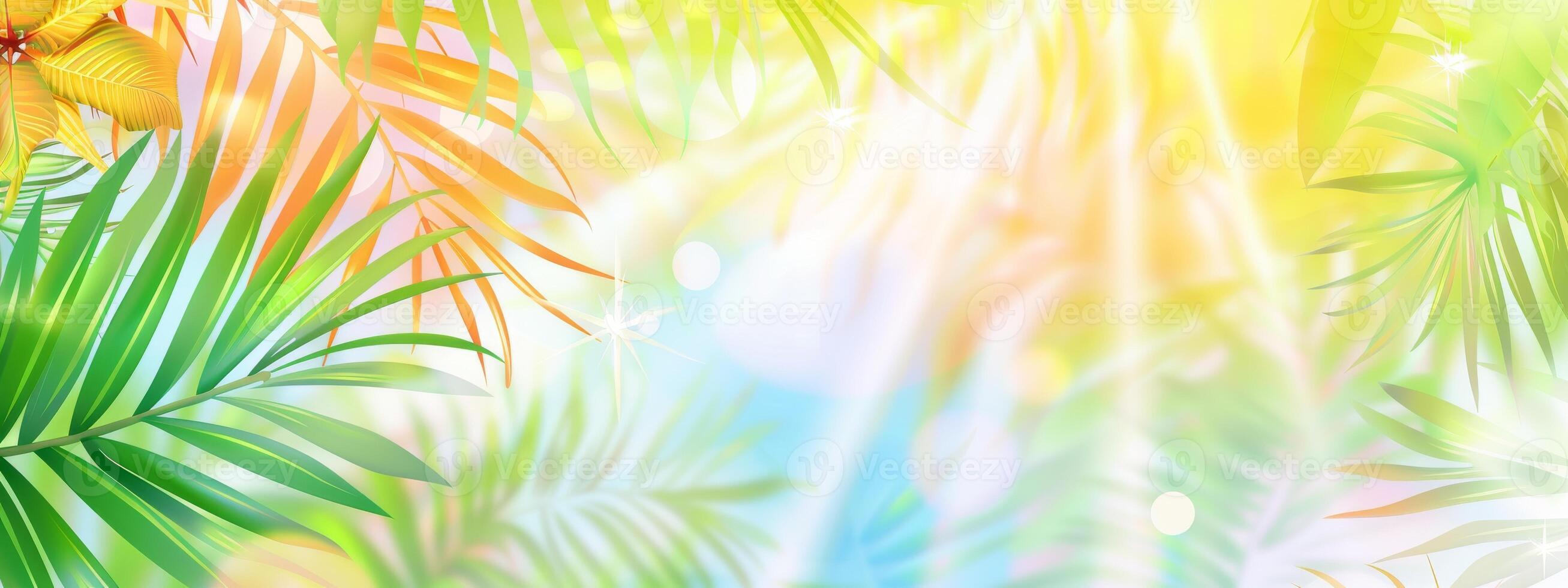 Bright summer tropical backdrop with green pastel palm leaves and bokeh effects. Trendy botanical wallpaper with soft colors. Wide banner. Copy space. Mockup for design. Art photo