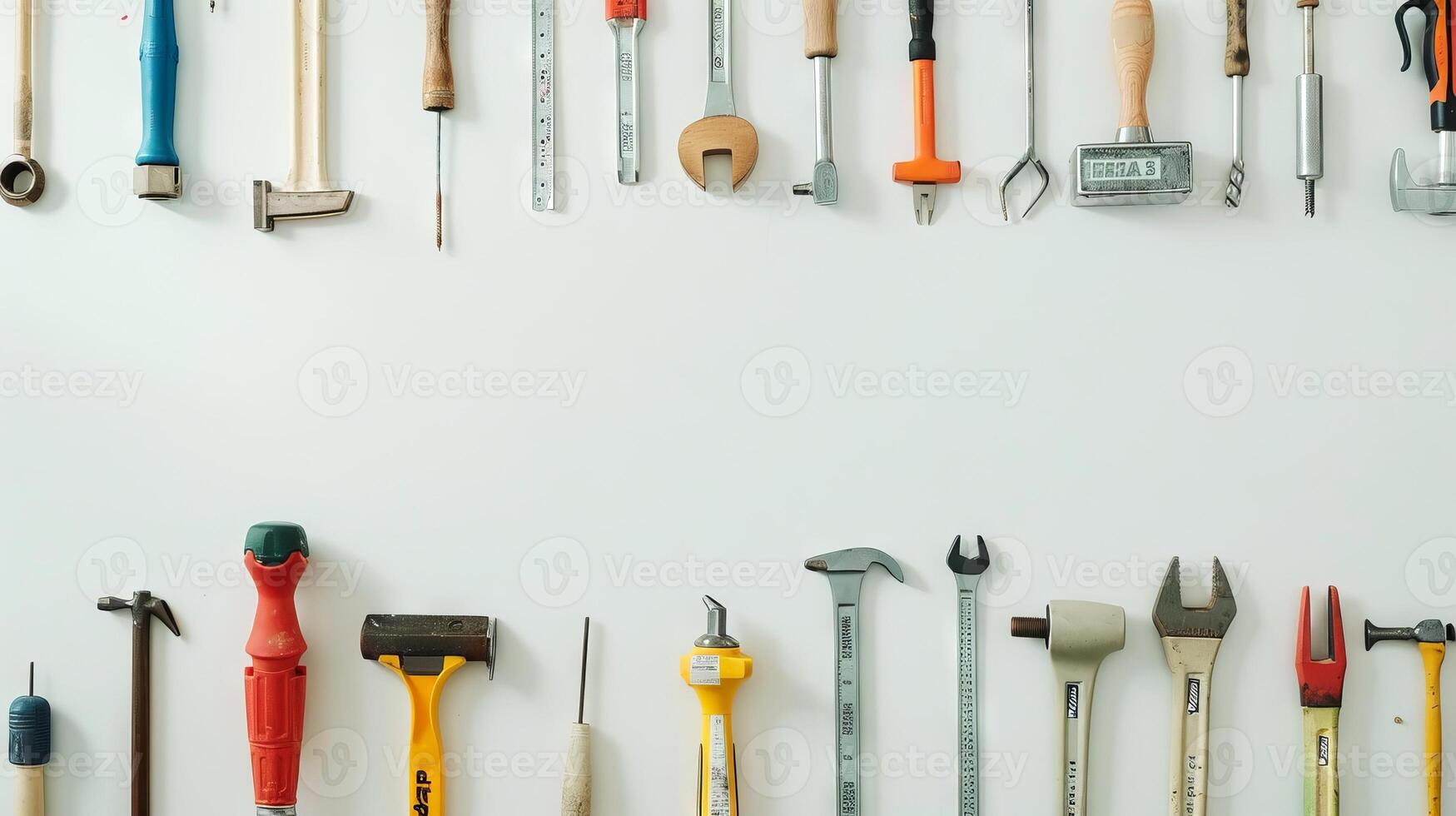 Various construction tools on a white background. Concept of building, repair work, engineering, craftsmanship, hand tools. Top view. Copy space photo
