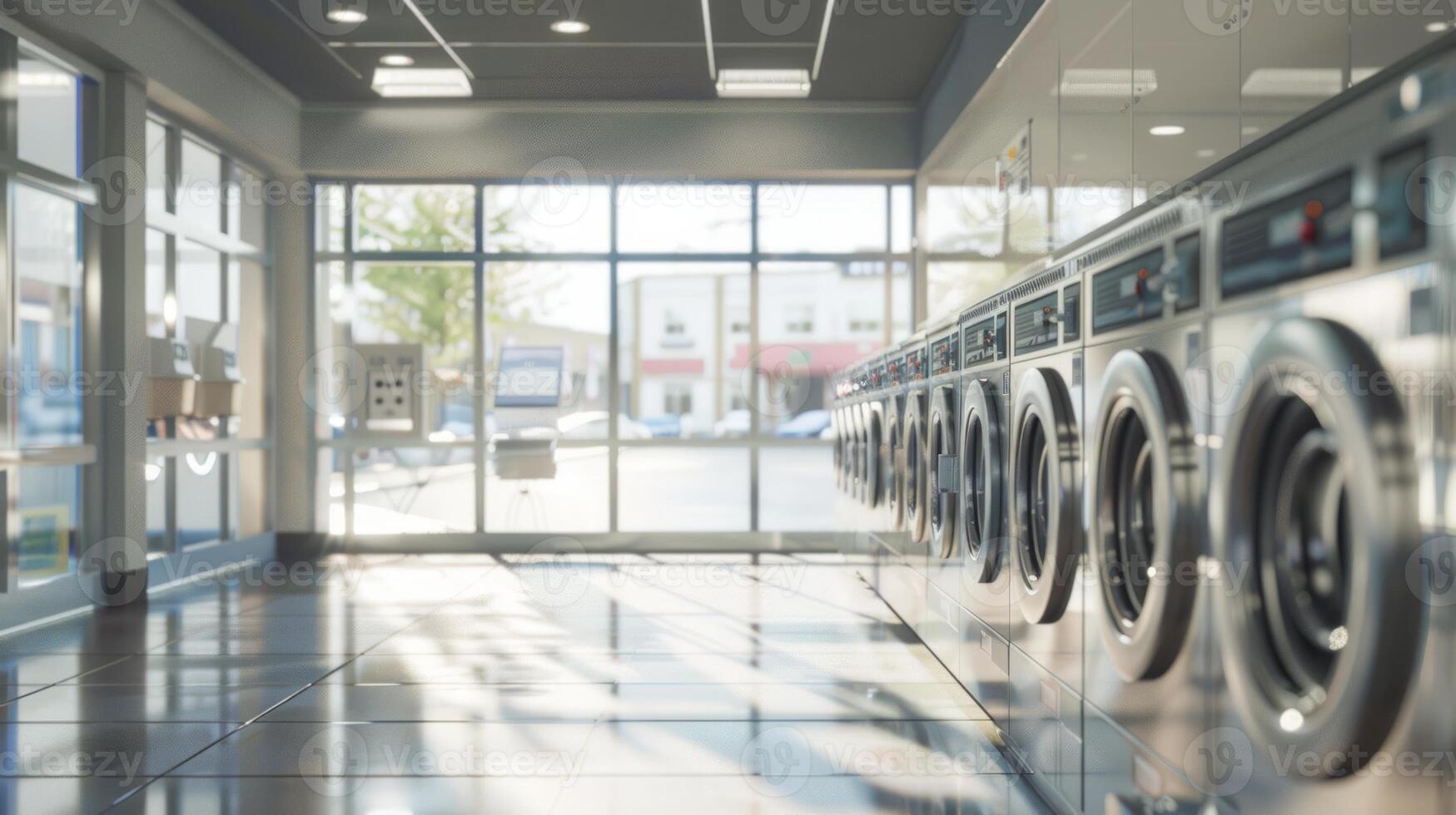 Large-scale laundry center featuring sleek machines and expansive window views. Professional laundry service area. Concept of business operations, streamlined workflows photo