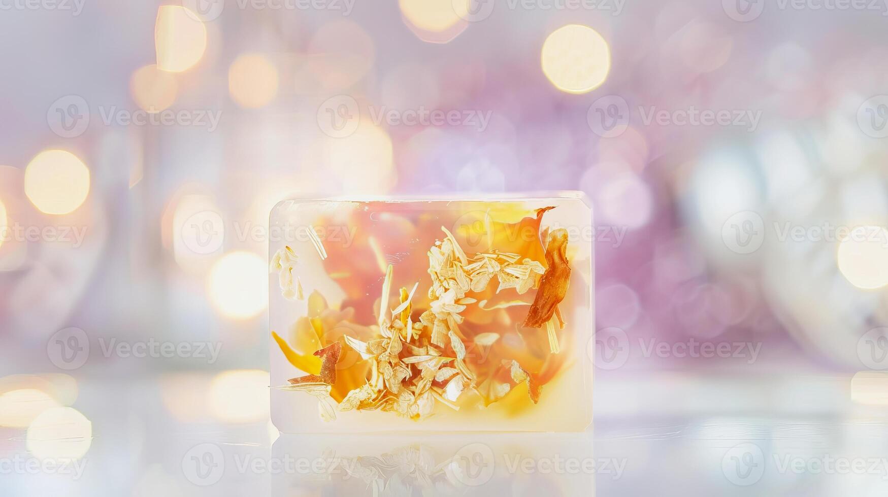 Transparent floral soap with embedded flowers on soft background. Concept of natural skincare, herbal beauty products, handcrafted soap, eco-friendly cosmetics photo
