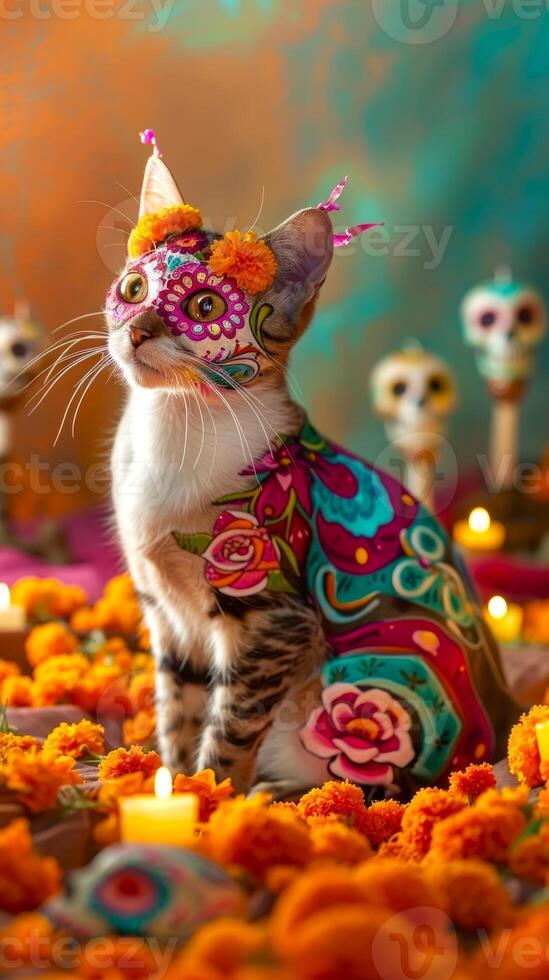 Kitten with Day of the Dead face paint among marigold flowers. Small cat with Dia de los Muertos makeup in floral setting. Concept of cultural celebration, festive cats, colorful traditions. Vertical photo