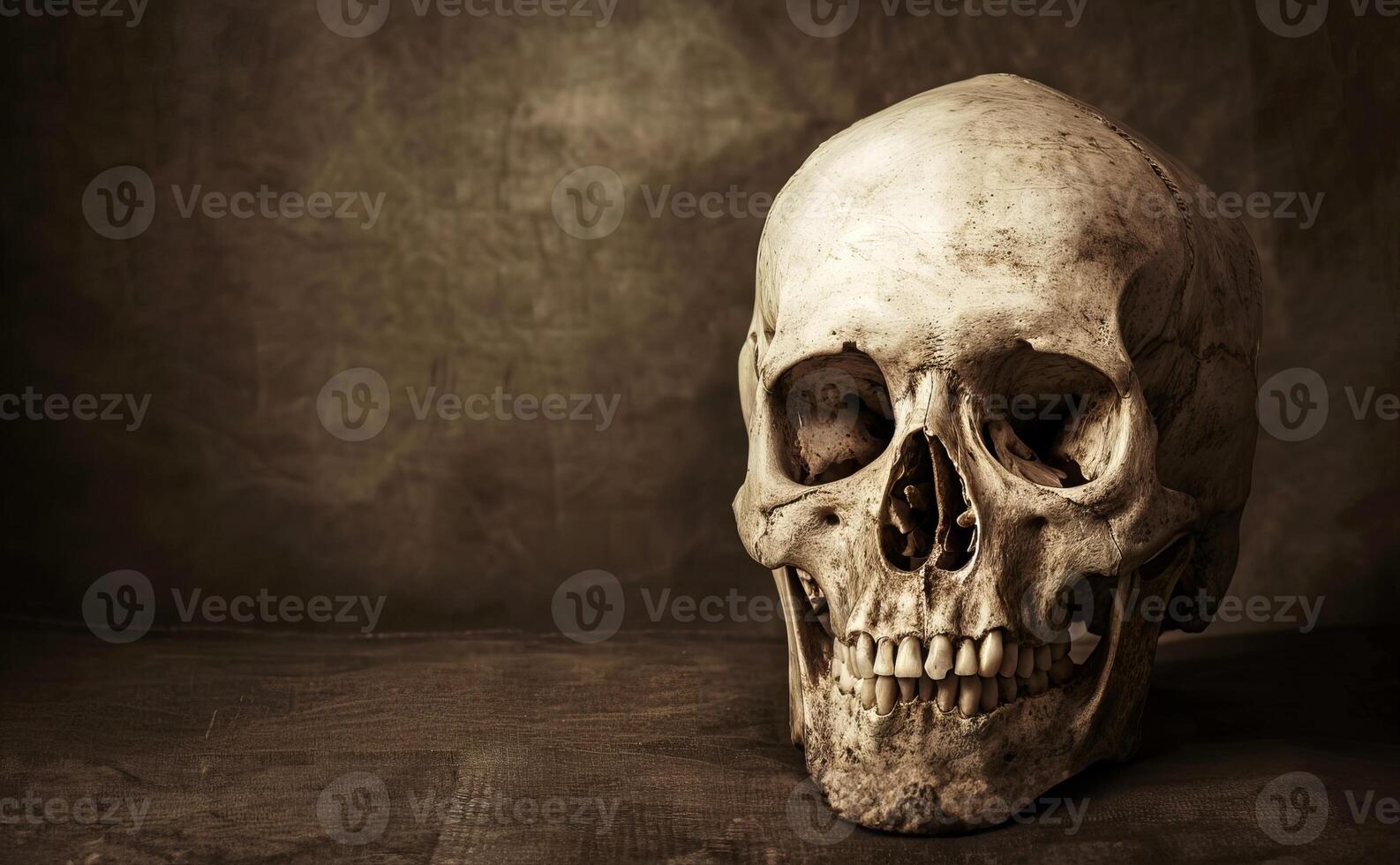 Human skull on a dark textured background. Concept of mortality, human anatomy, medical study, macabre design, Halloween photo