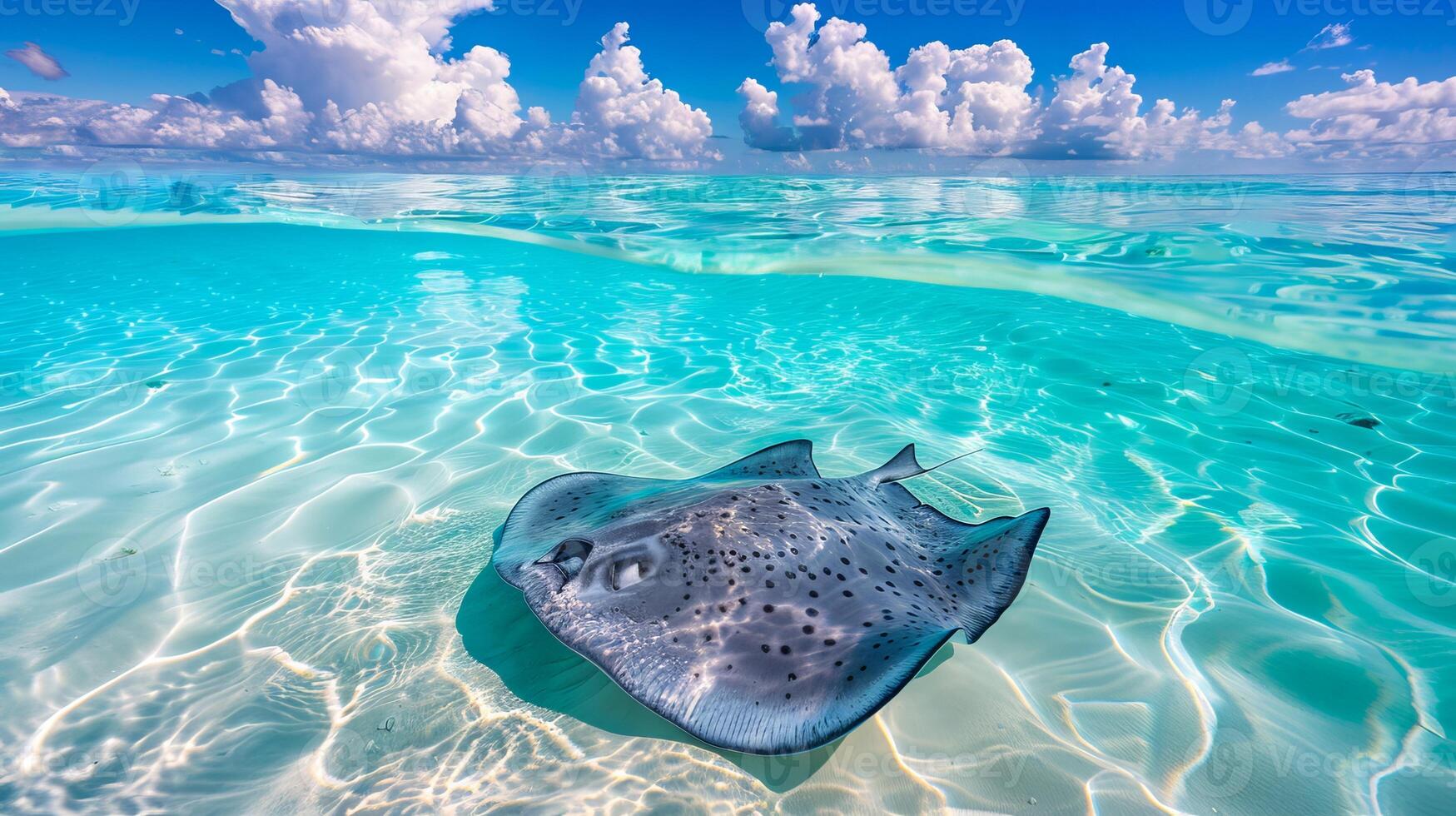 Stingray gliding through clear shallow waters, clouds above. Serene marine animal in its natural habitat. Concept of aquatic life, peace in nature, and ocean photo
