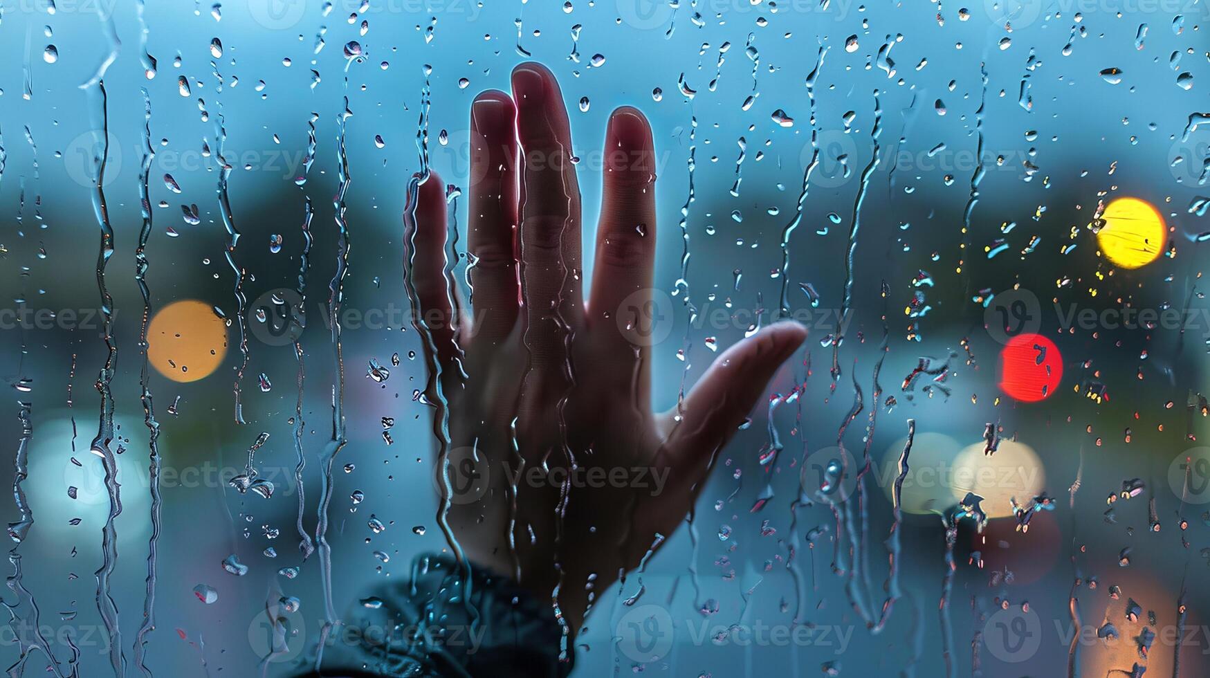 Hand touching a rainy window on a dimly lit evening. Concept of solitude, contemplation, melancholy, introspection photo