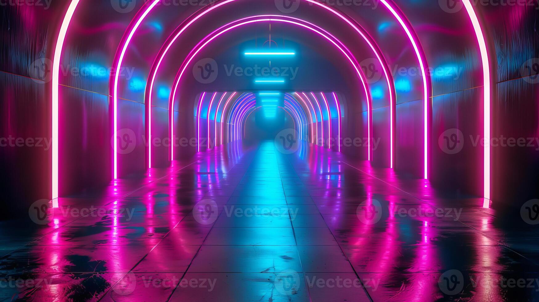 Neon archway with glowing pink and blue lights. Futuristic tunnel design. Concept of modernity, technology, innovation, vibrant colors photo