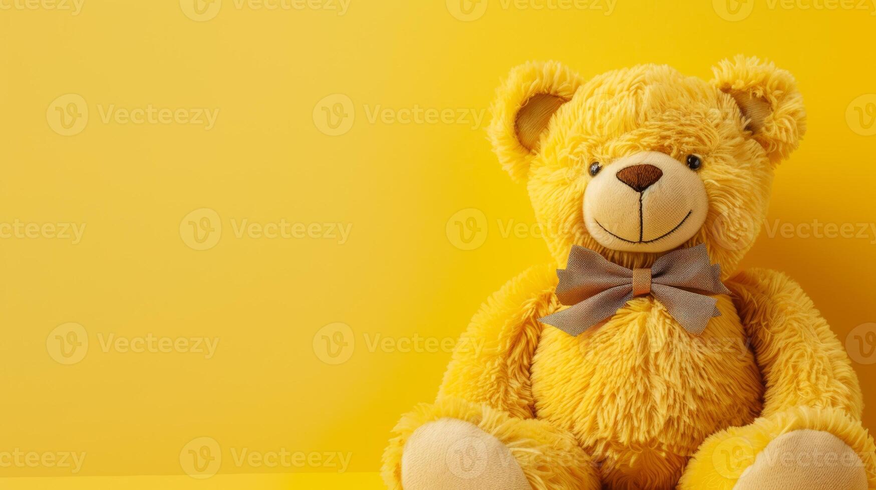 Fluffy yellow bear with a brown bowtie against a yellow background. Cute stuffed toy for children. Concept of playtime, childhood, comfort, softness. Copy space photo