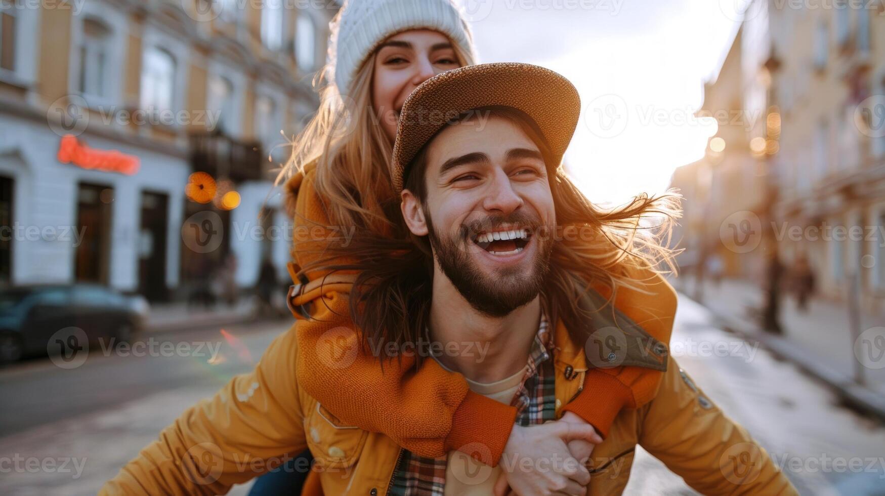 Happy Caucasian couple enjoying piggyback ride in a city street at sunset. Romance, joy, urban adventure, affection concept photo