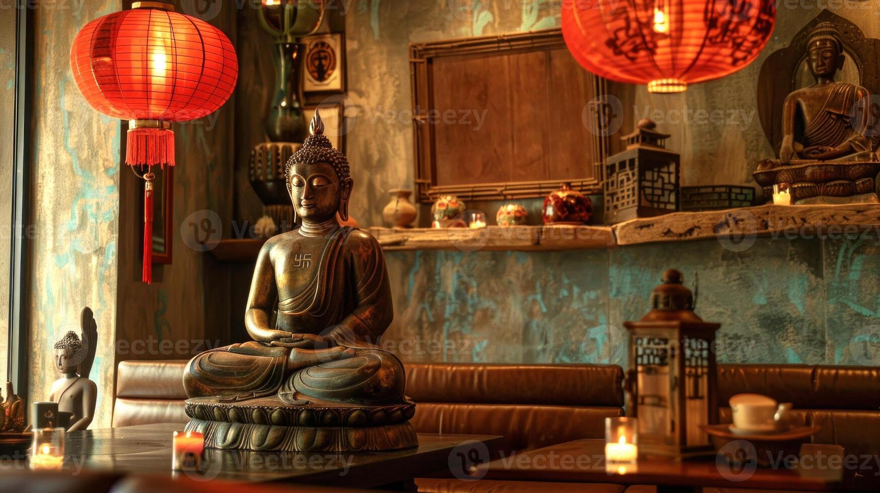 Meditating bronze Buddha statue with a background of glowing red lanterns. Symbolic of peace and spiritual reflection. Concept of Asian spirituality, tranquility, cultural heritage. Space for text photo