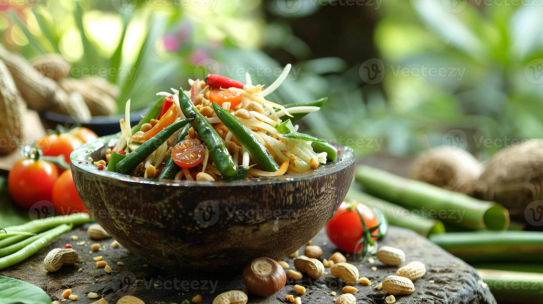 Fresh green papaya salad in bowl garnished with roasted peanuts. Som Tum with cherry tomatoes and green beans. Concept of Thai cuisine, Asian tdish, culinary photo