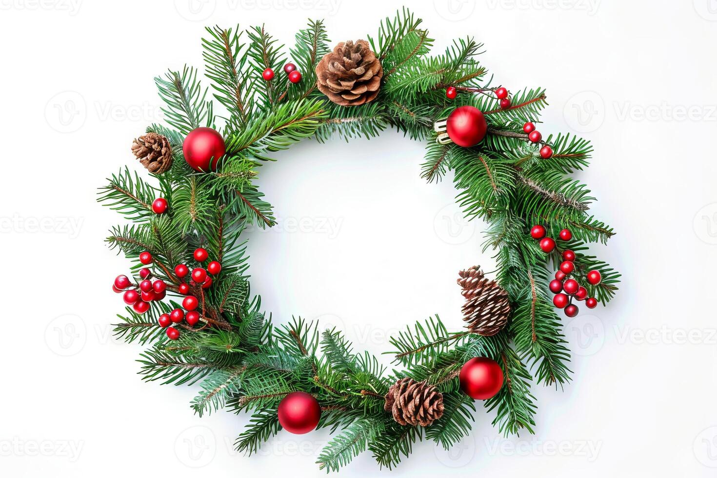 Festive Christmas wreath with red ornaments and green pine branches. Holiday decor. Concept of seasonal decoration, festive celebration, traditional Christmas, holiday spirit. Isolated on white photo
