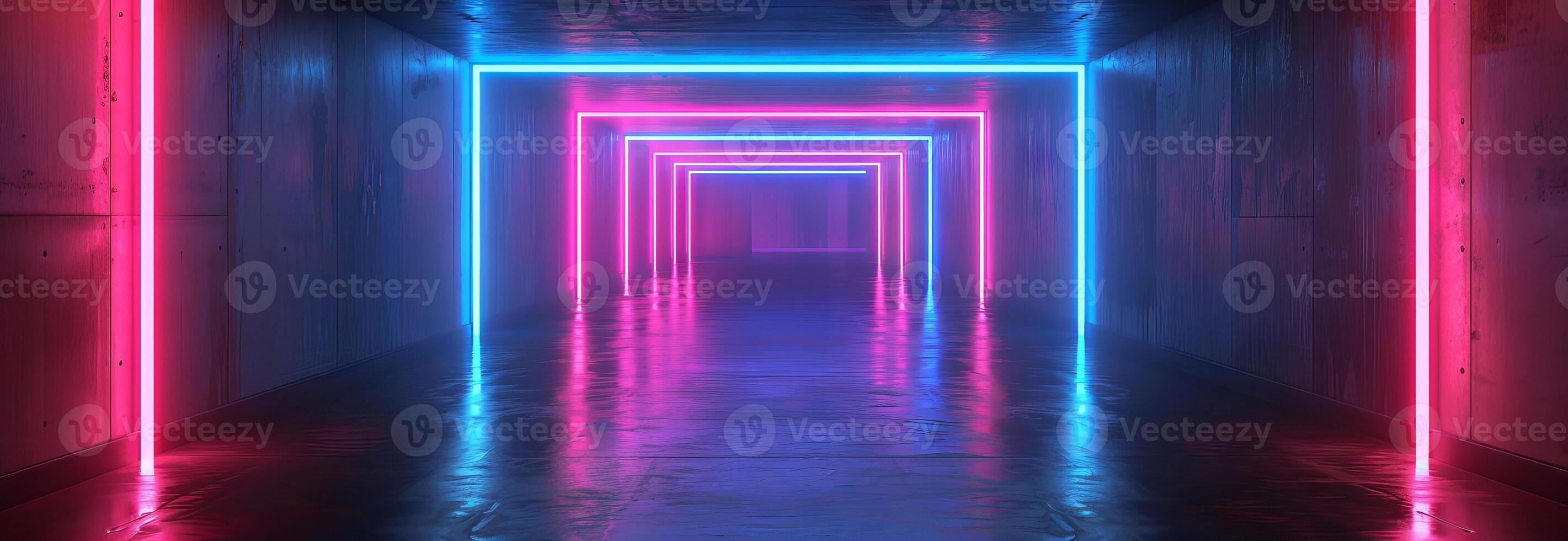 Futuristic neon-lit corridor with reflections on shiny floor. Concept of modern architecture, vibrant atmosphere, urban design, nightlife. Banner photo