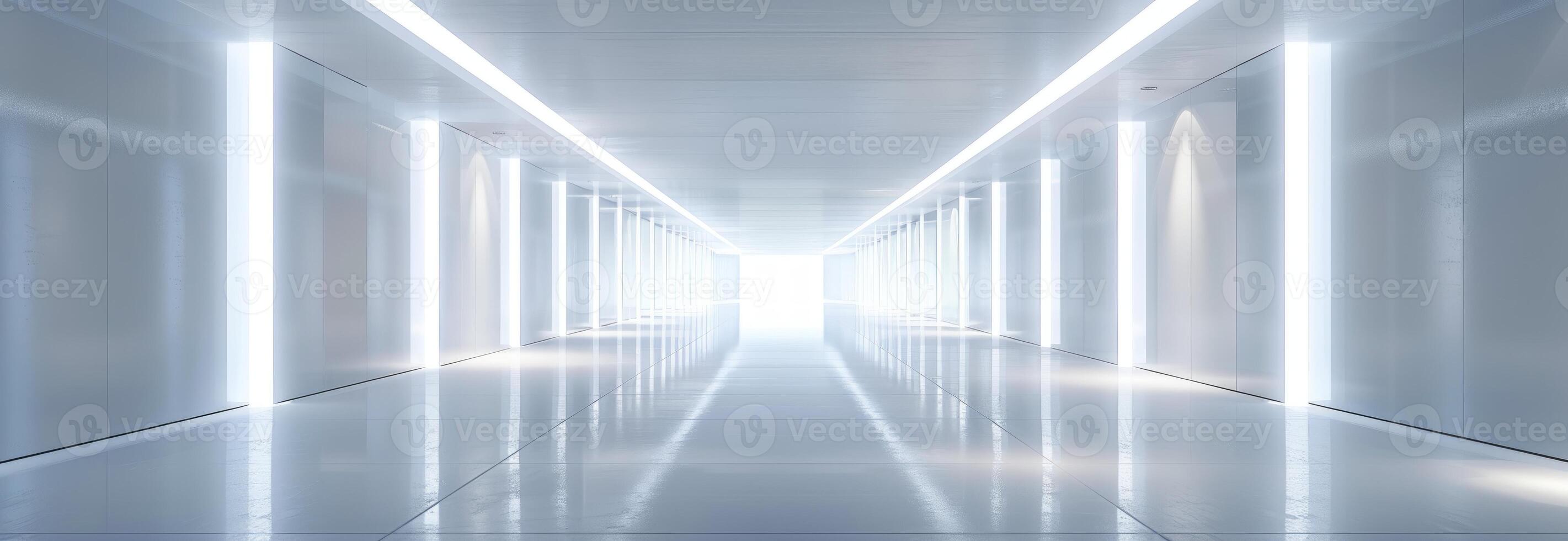Futuristic hallway with glowing white neon lights stretching into the distance. Concept of modern architecture, technology, endless space, minimalism. Light at the end of the tunnel photo