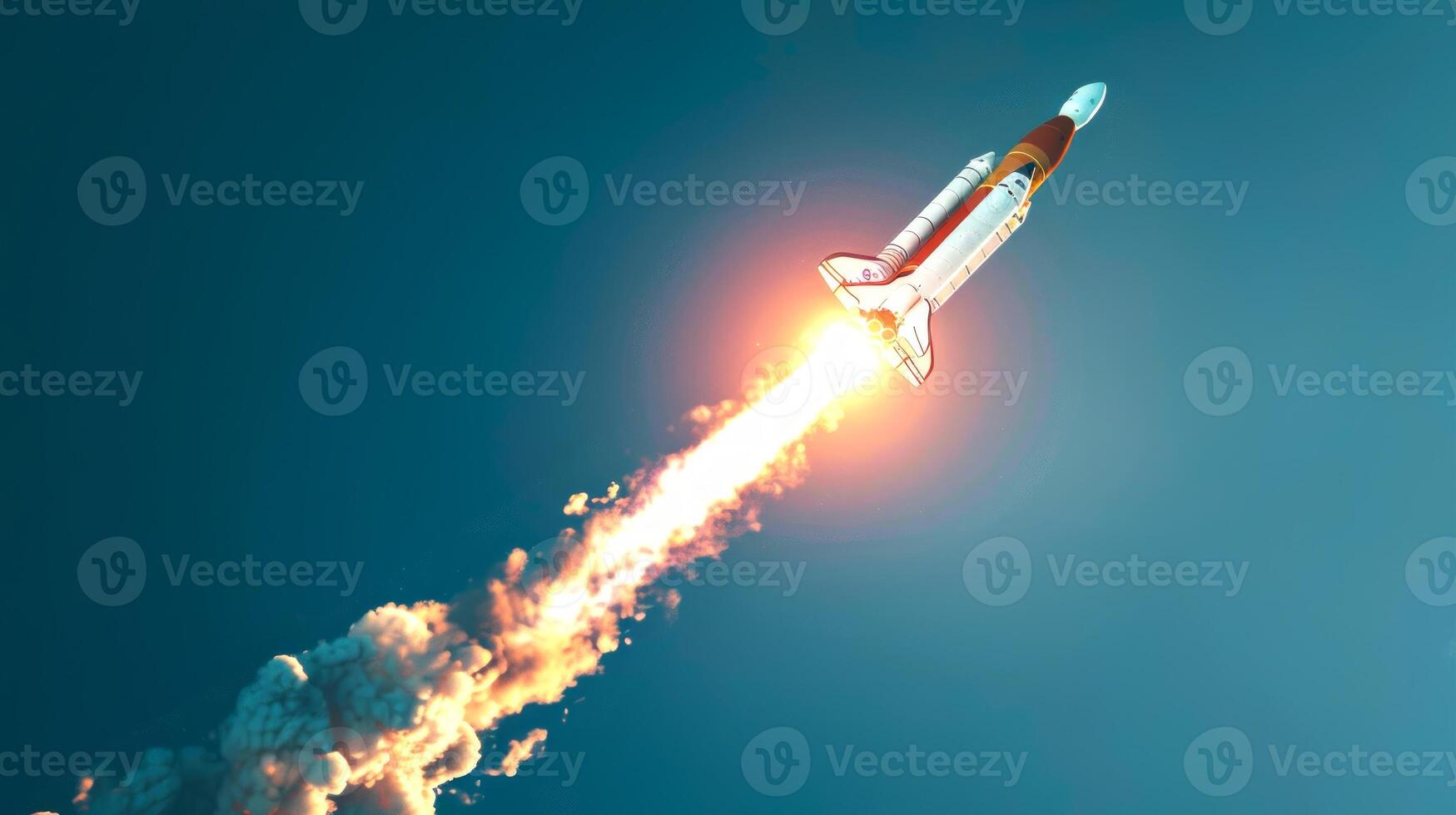 White and red rocket launching into the sky. Concept of space travel, exploration, aerospace engineering, adventure photo