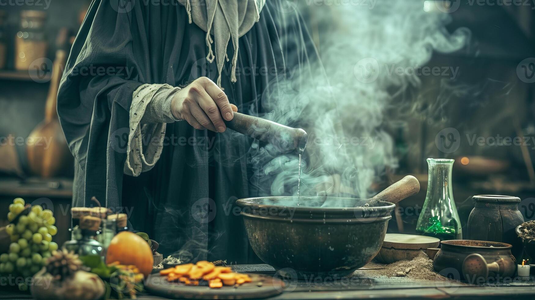 Medieval potion-making scene with a witch grinding herbs and steam rising. Concepts of witchcraft, alchemy, ancient science, historical medicine, mystical brewing photo