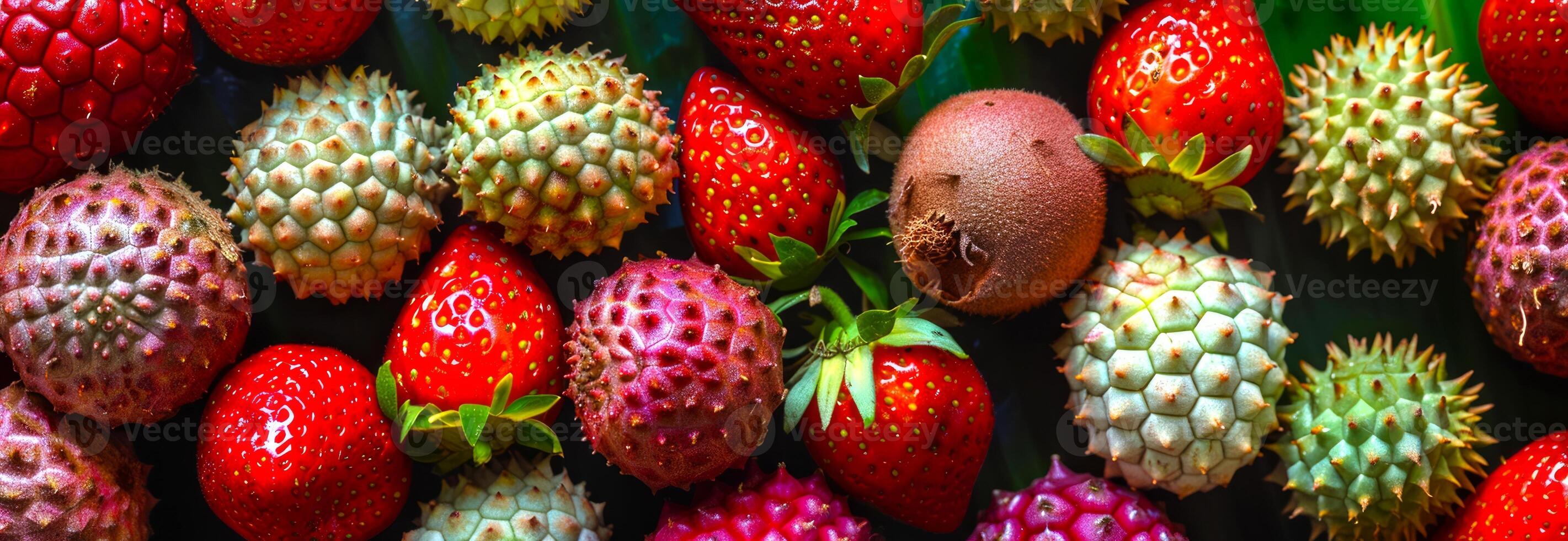 Vibrant assortment of exotic fruits including strawberries and lychees. Colorful fruit, nature's bounty, fresh produce, healthy eating concept. Banner photo