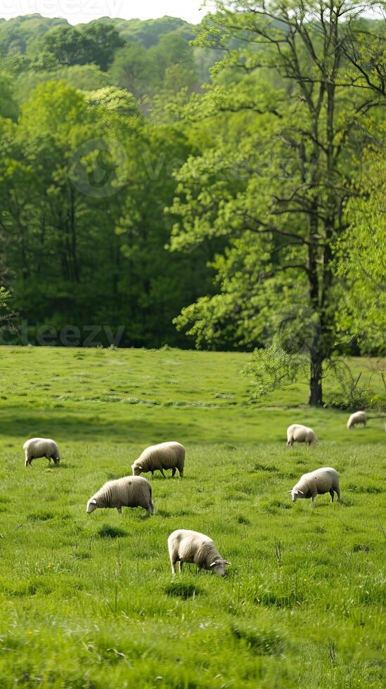 Sheep grazing in a misty meadow surrounded by forested mountains. Flock of sheep in a serene, foggy landscape. Rural scene, nature, agriculture, pastoral tranquility concept. Vertical photo
