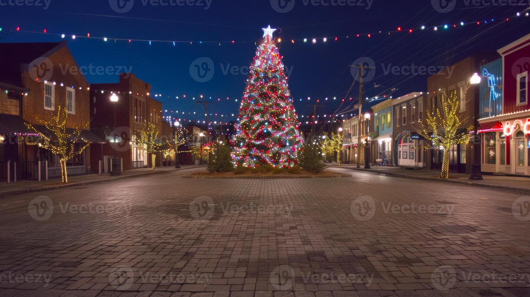 Festively decorated Christmas tree in the center of a small-town square at night. Concept of holiday decorations, celebration, festive lights, and winter season photo