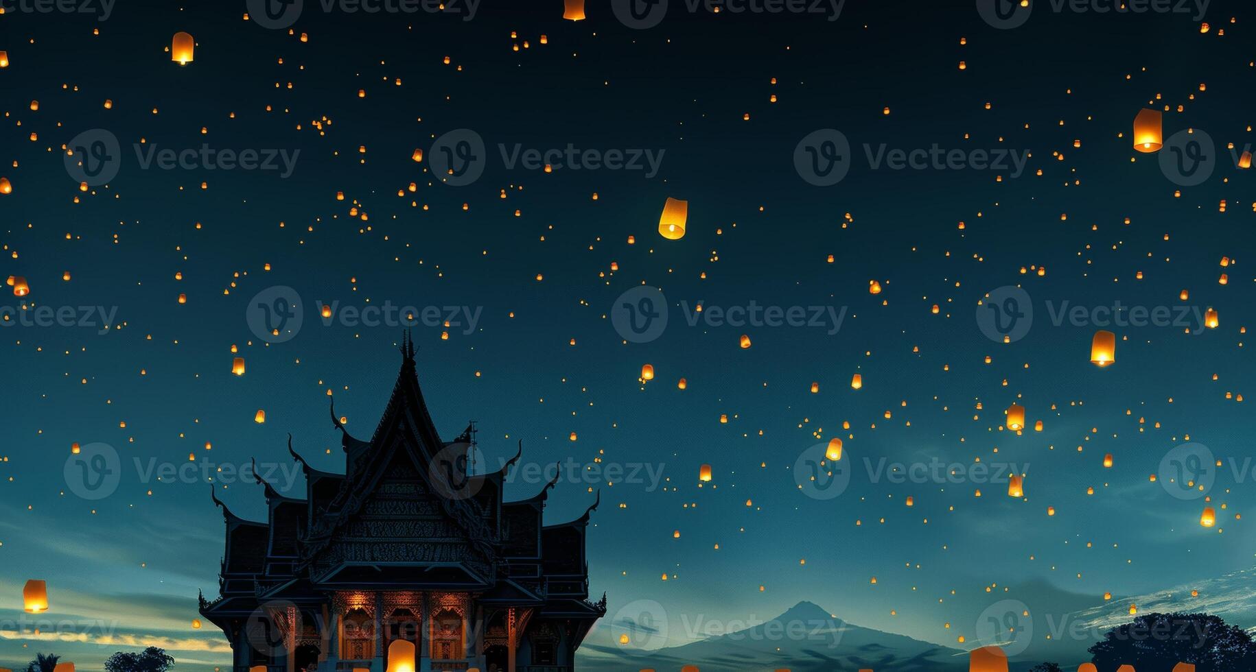 Silhouette of a Thai temple against a twilight sky, sky lanterns rising. Celebratory lanterns in evening sky. Concept of religious observance, Asian traditions. Visakha Bucha Day festivities photo