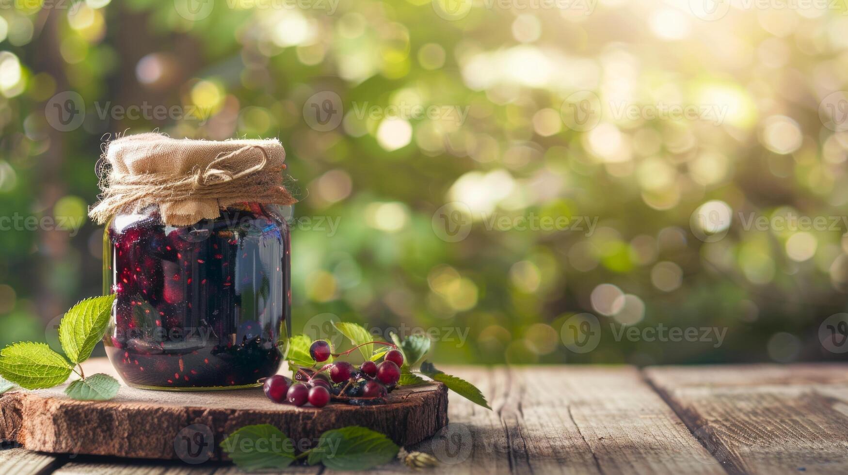 Jar of Redcurrant jam with fresh berries on a wooden table in sunlight. Homemade preserves in a natural setting. Concepts of organic food, homemade, and nature. Copy space photo