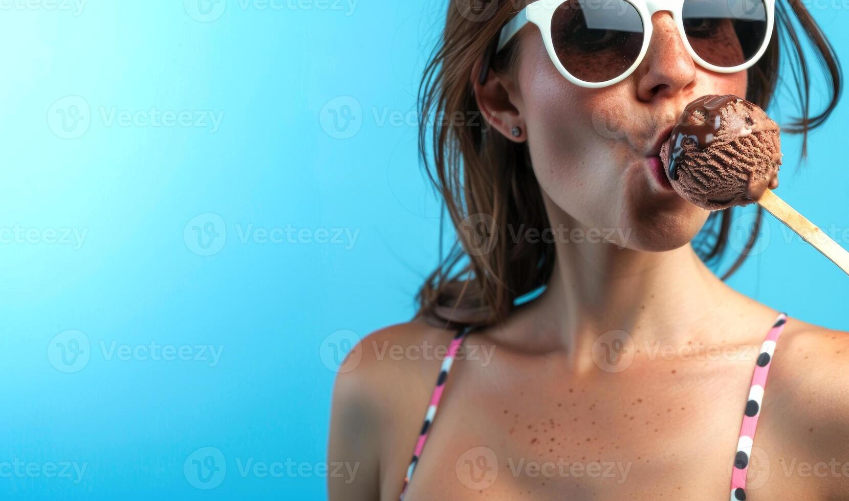 Caucasian woman eating chocolate ice cream on a stick wearing white sunglasses. Isolated on blue background. Concept of summer, enjoyment, snacks, and leisure. Space for text photo