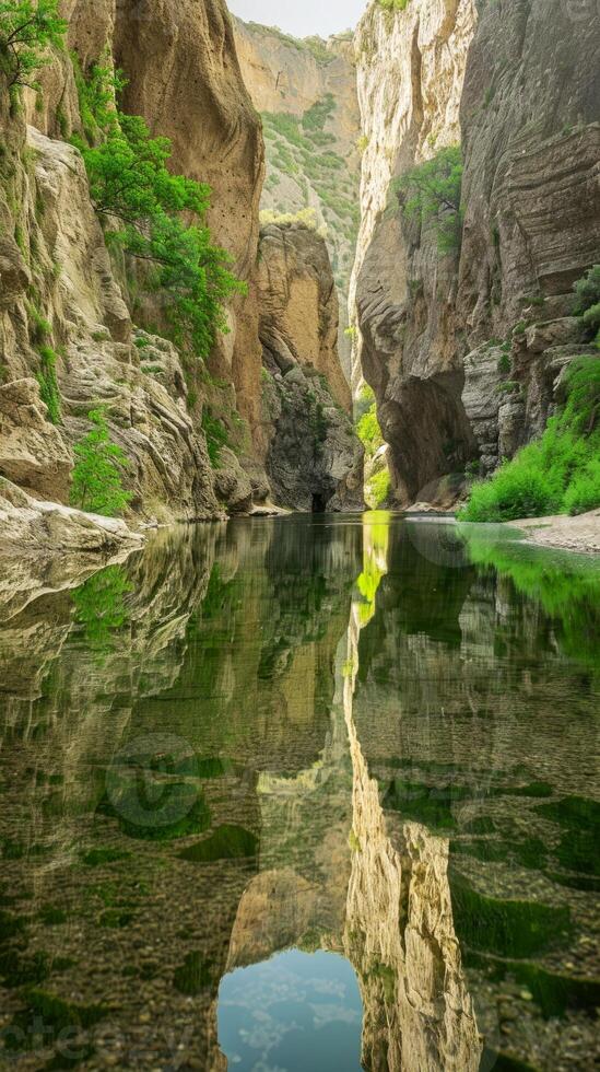Serene canyon mirrored in a tranquil river with lush greenery. Calm gorge reflected in clear water with vibrant plants. Concept of natural beauty, tranquility, outdoor scenery, nature. Vertical photo