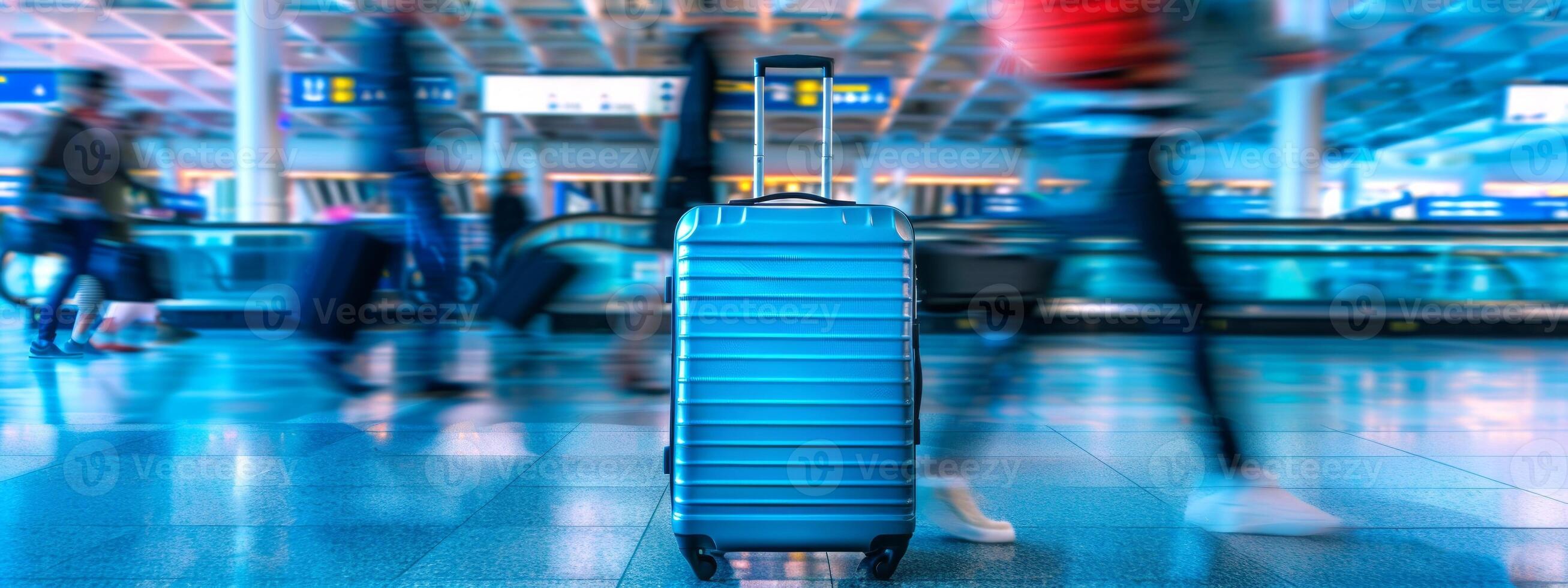 Blue suitcase standing in a busy airport terminal. Luggage, travel, airport, transportation concept. Wide banner photo