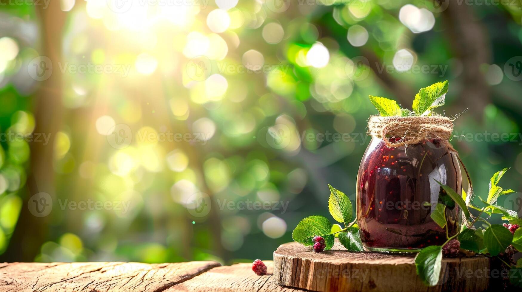 Jar of raspberry jam in a rustic outdoor setting. Concept of homemade preserves, organic food, fruit spread. Copy space photo
