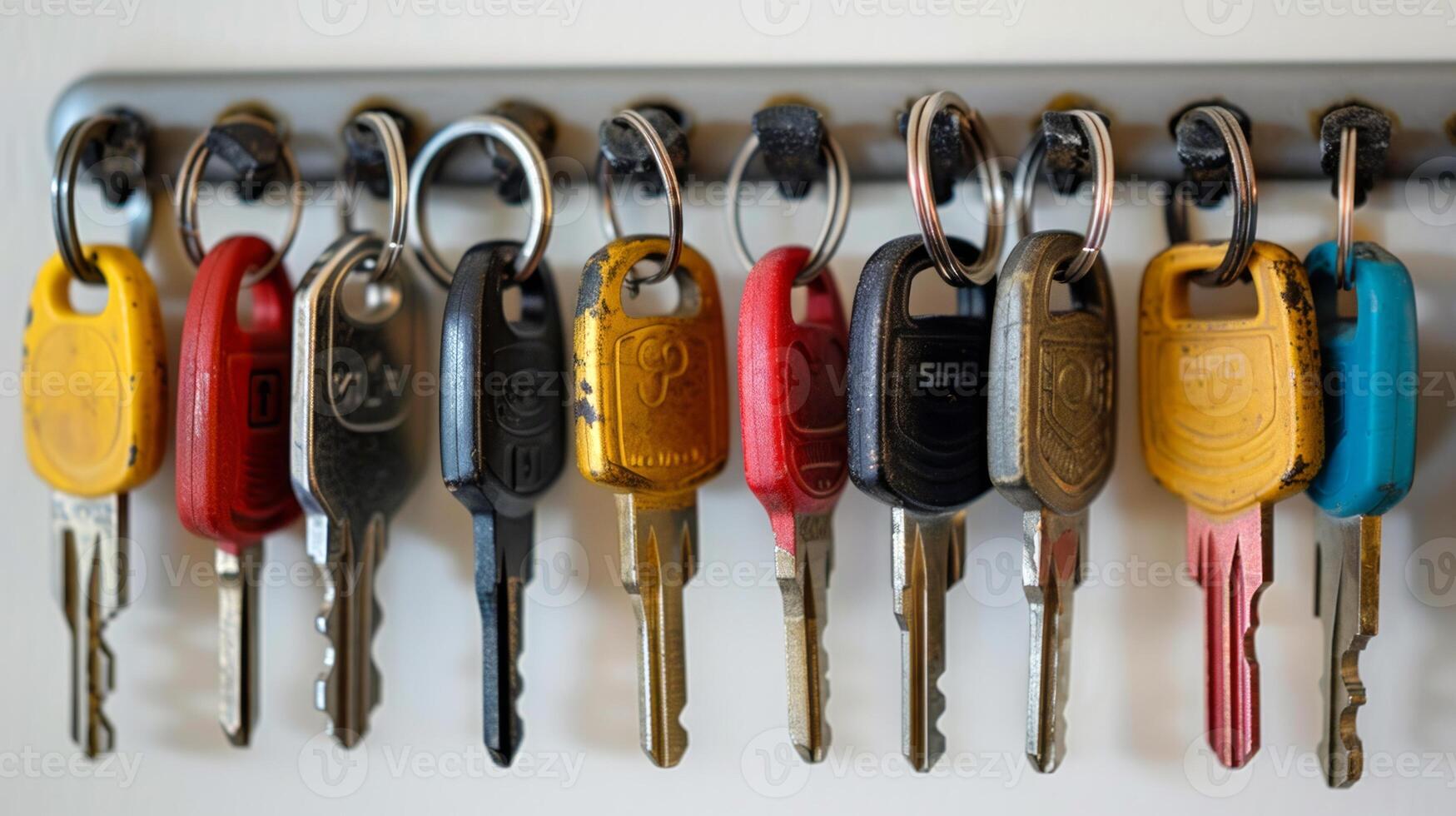 Various colored keys hanging on a key rack against a white background. Concept of security, organization, keyholder, home essentials, car keys photo