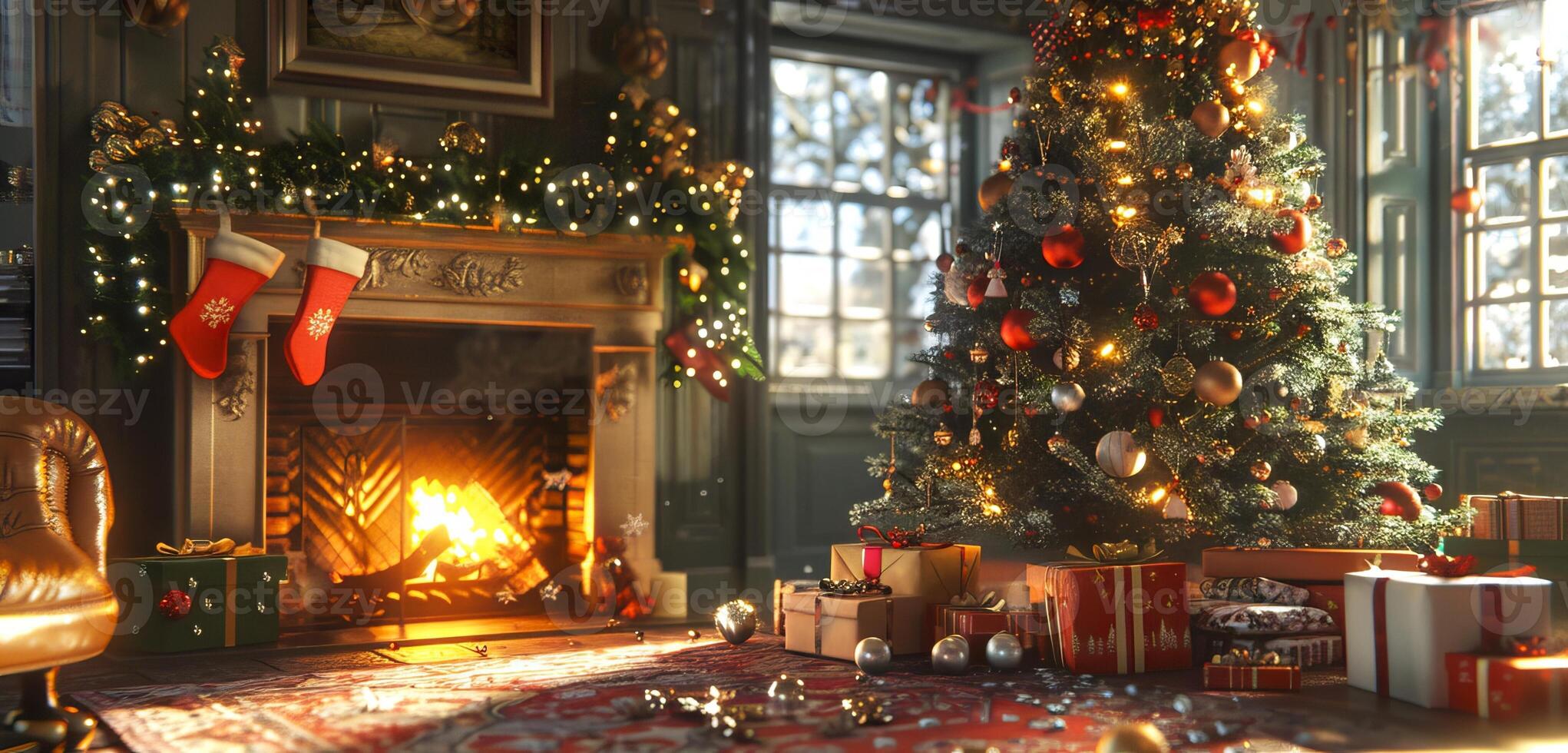 Cozy Christmas living room with a decorated tree and gifts. Festive holiday interior. Concept of Christmas, celebration, holiday spirit, winter season, New Year photo