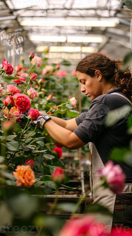 Caucasian woman gardener tending to roses in a greenhouse. Flower cultivation, plant care, greenhouse horticulture, gardening. Vertical photo