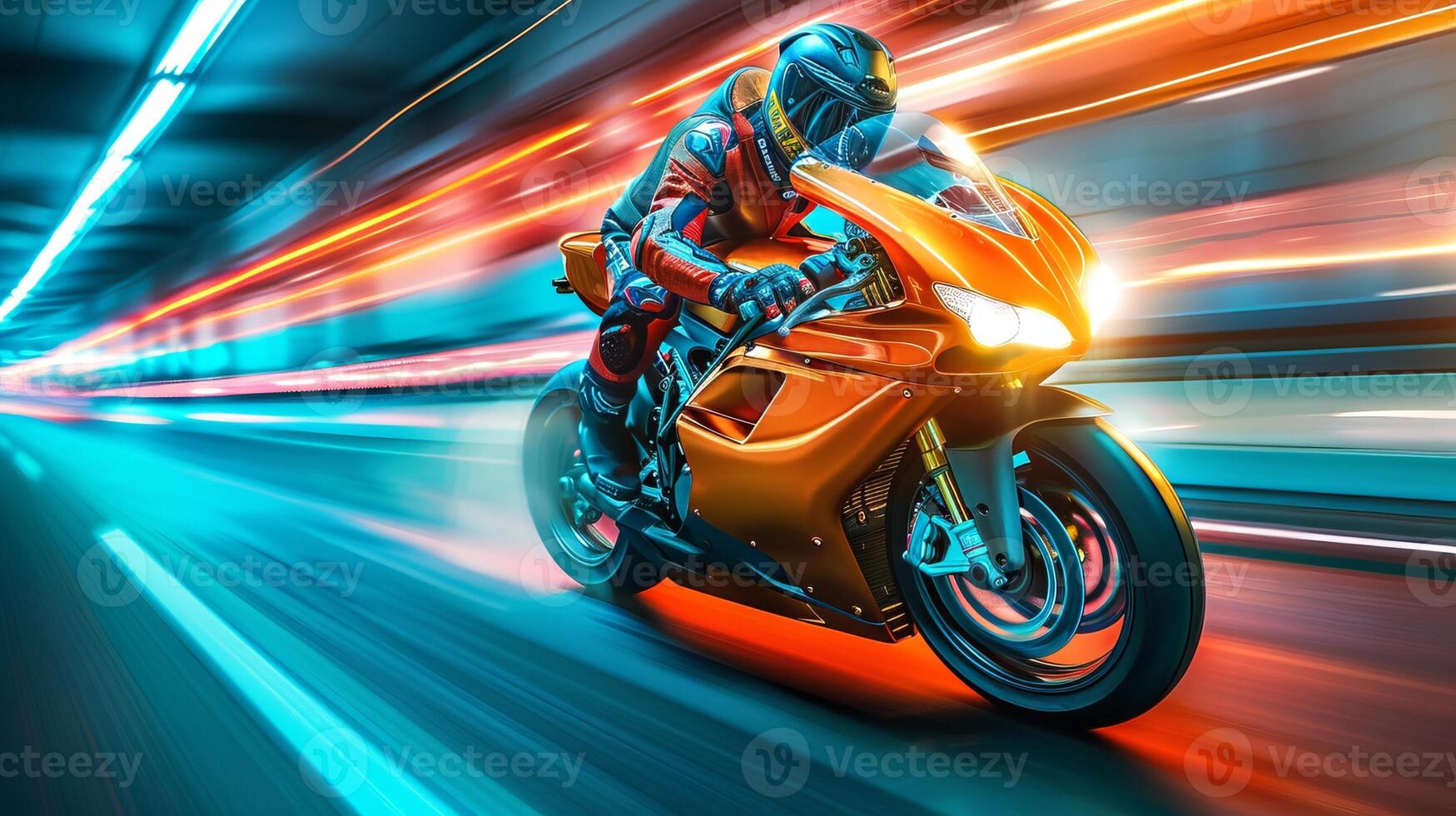 Brightly colored neon motorcycle with a rider in motion. Concept of speed, adrenaline, futuristic design, and racing photo