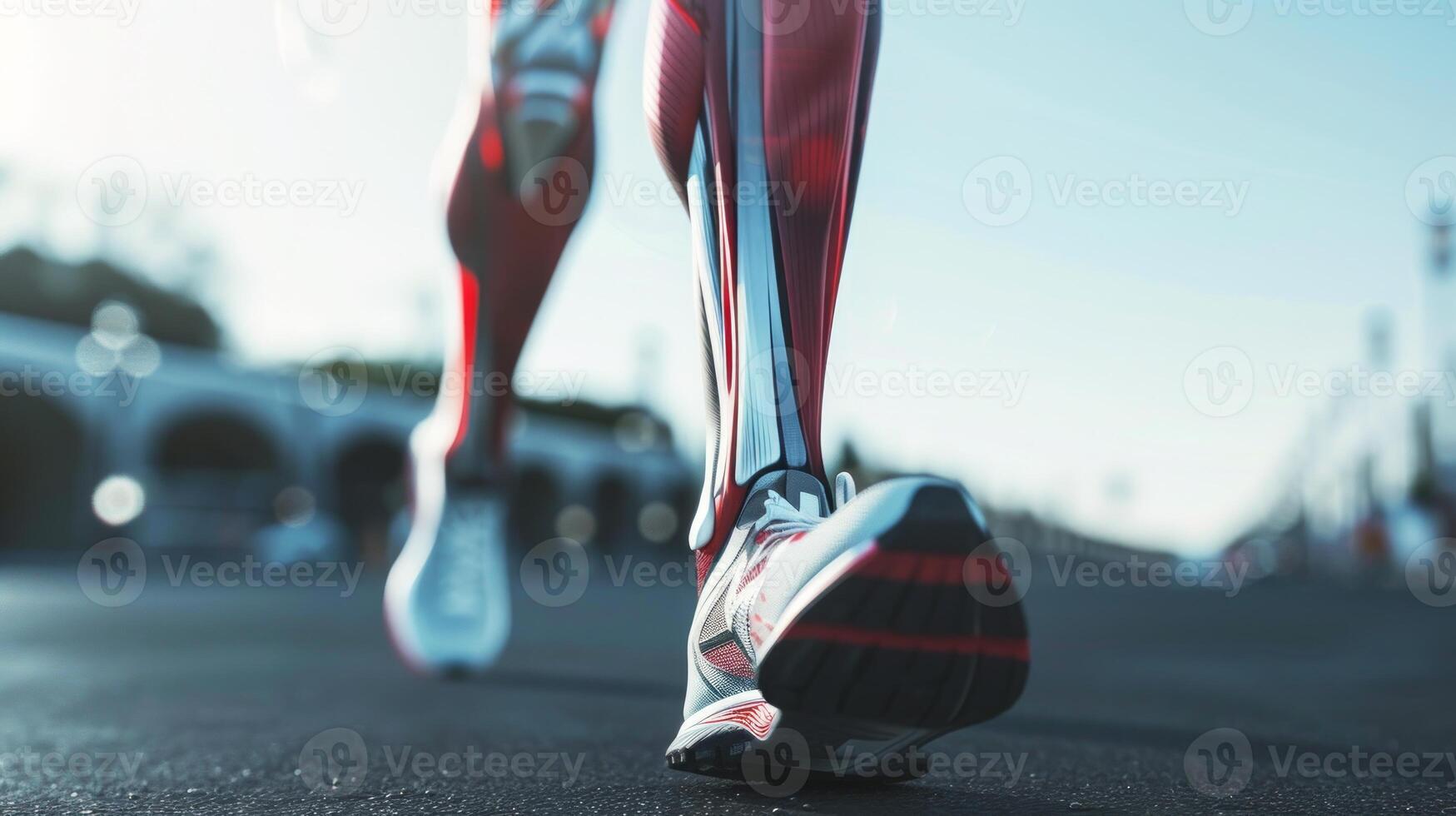Close-up of a runner's legs with muscle anatomy visible. Detailed view of running legs with exposed muscles. Concept of fitness, anatomy, sport, movement photo