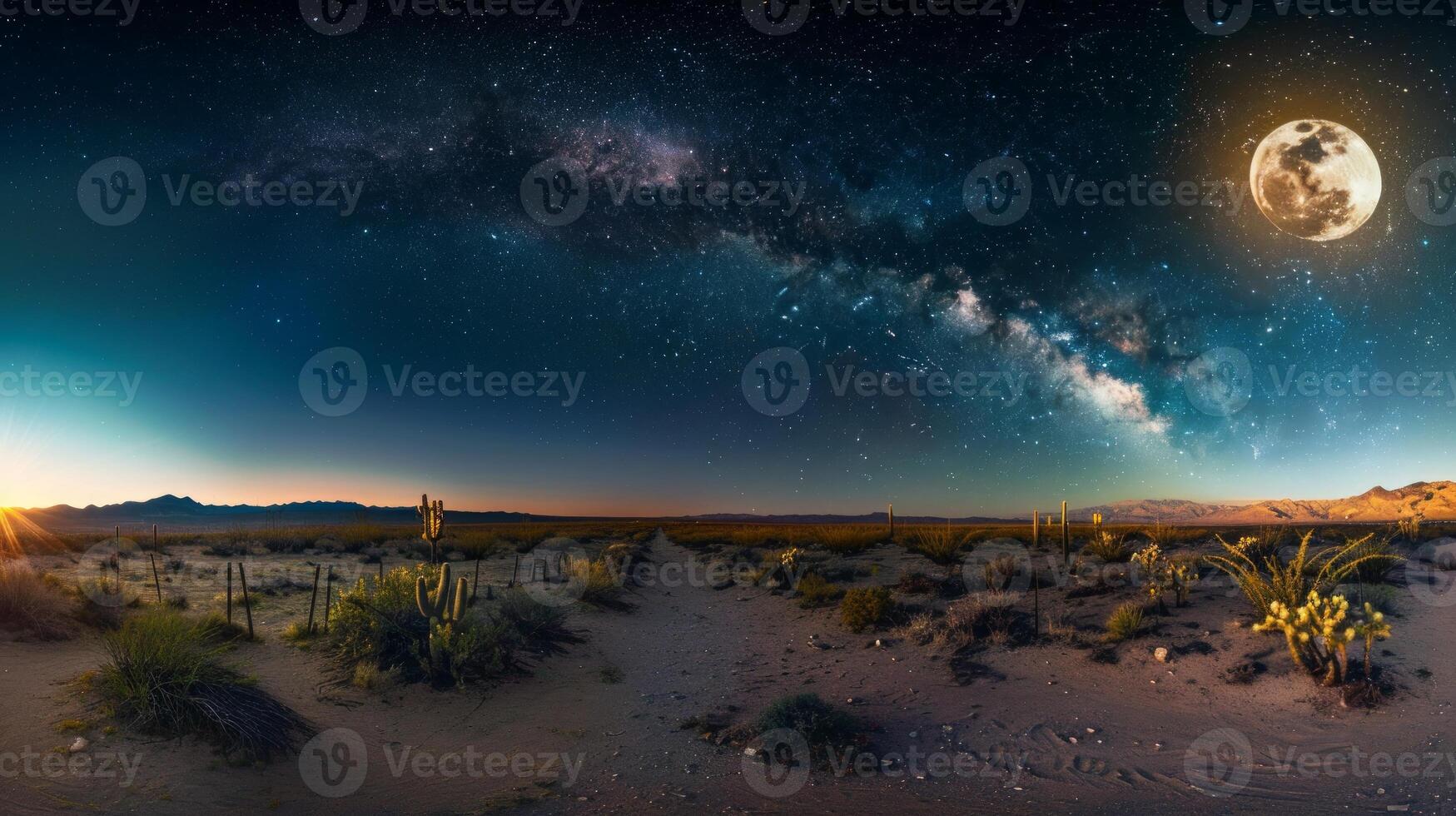 Starry desert night landscape with Milky Way and full moon. Nighttime desert scene with stars and moon. Concept of astronomy, nature, night sky, tranquility photo
