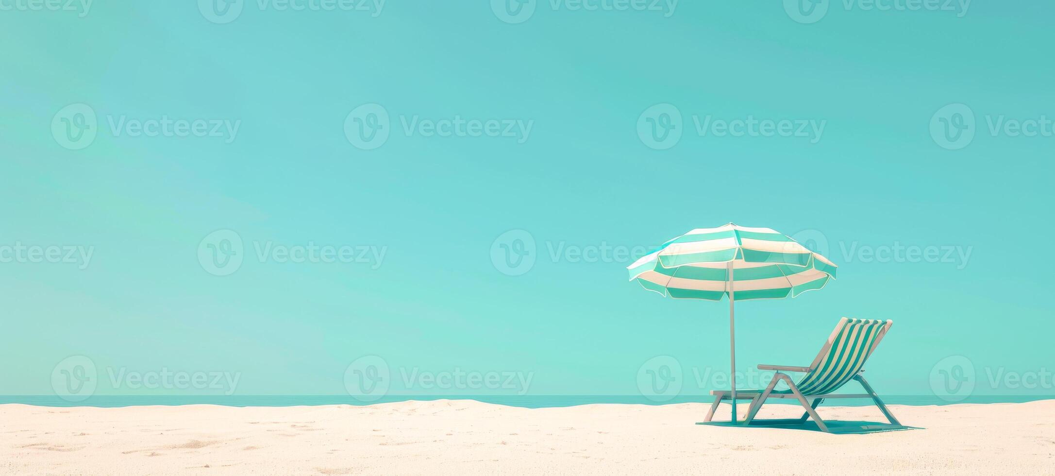 Beachside setup with umbrella and chair. Lone umbrella and chaise lounge on sandy coast. Concept of solitude, tranquil beach day, leisure, and sunbathing. Banner. Space for text photo