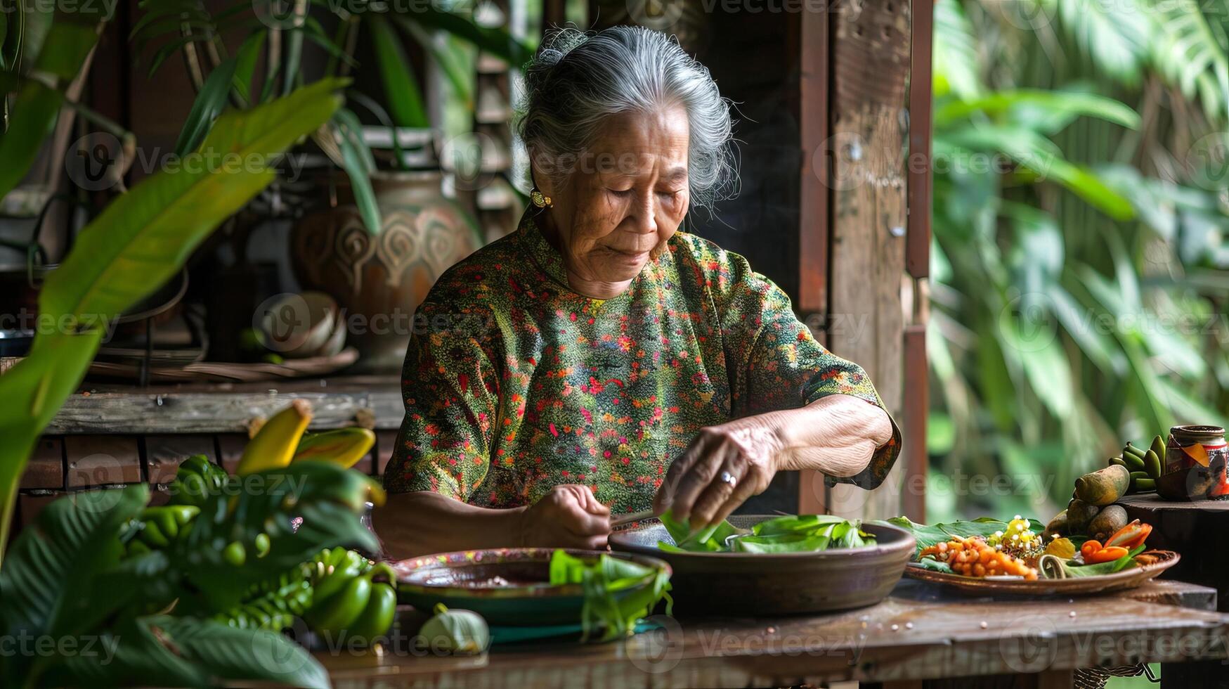 Elderly Asian woman preparing traditional Thai dishes in a kitchen. Thai senior lady cooking with fresh ingredients. Concept of traditional cuisine, cultural heritage, authentic cooking photo