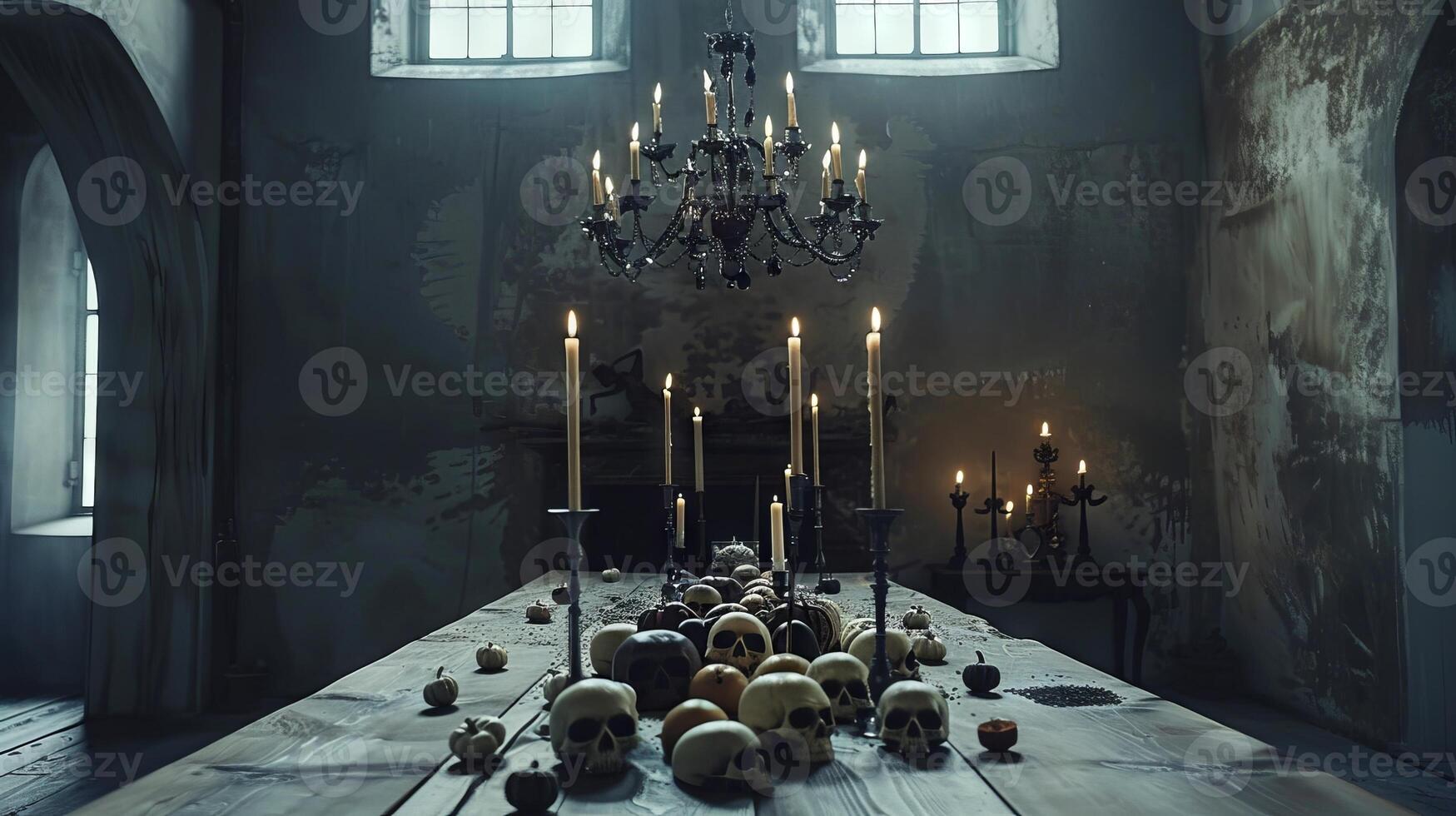 Gothic candlelit room with skulls and chandelier on a wooden table. Concept of dark atmosphere, mystical setting, haunted house, Halloween decor photo
