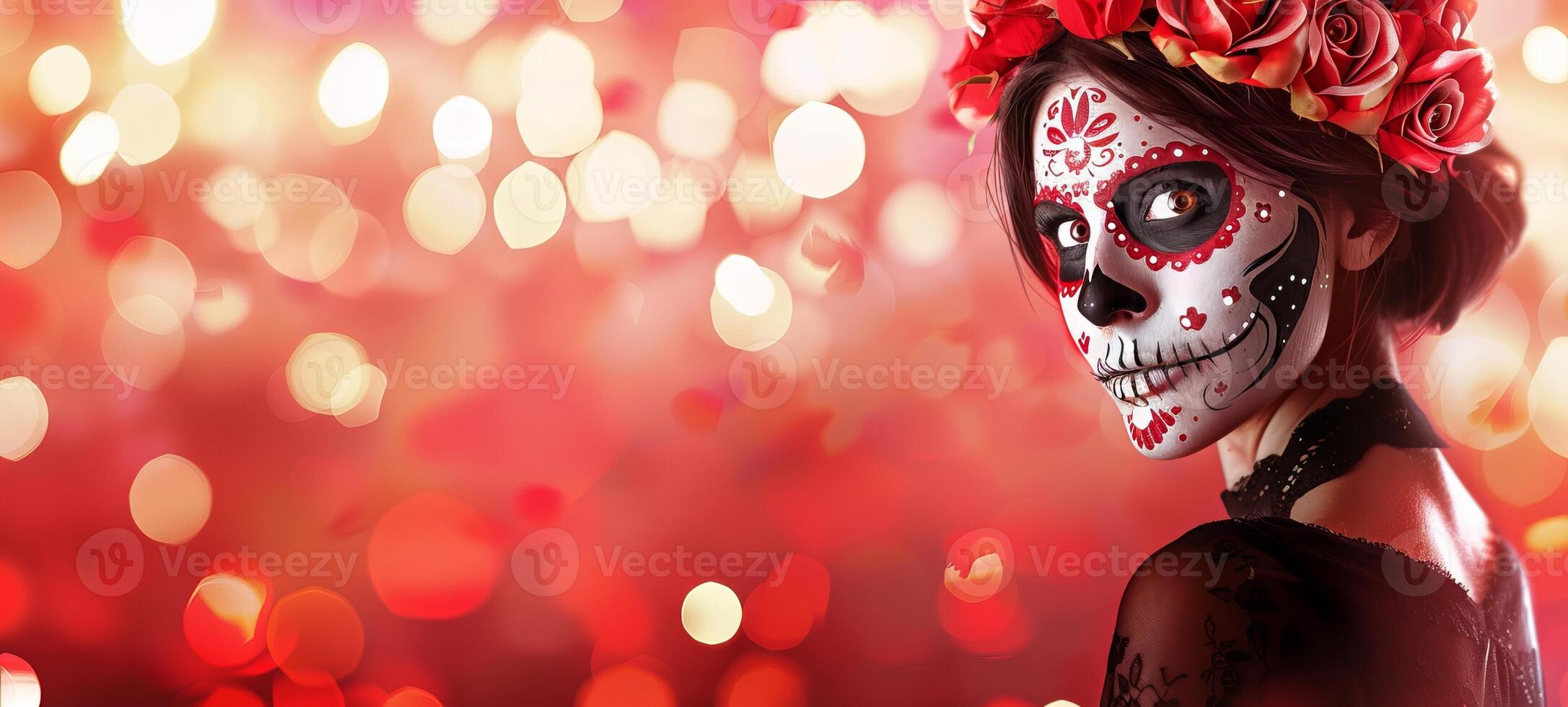 Mexican woman with Day of the Dead skull makeup. Lady with Dia de los Muertos face paint. Concept of Mexican culture, holiday celebration, traditional festival, Halloween. Space for text photo