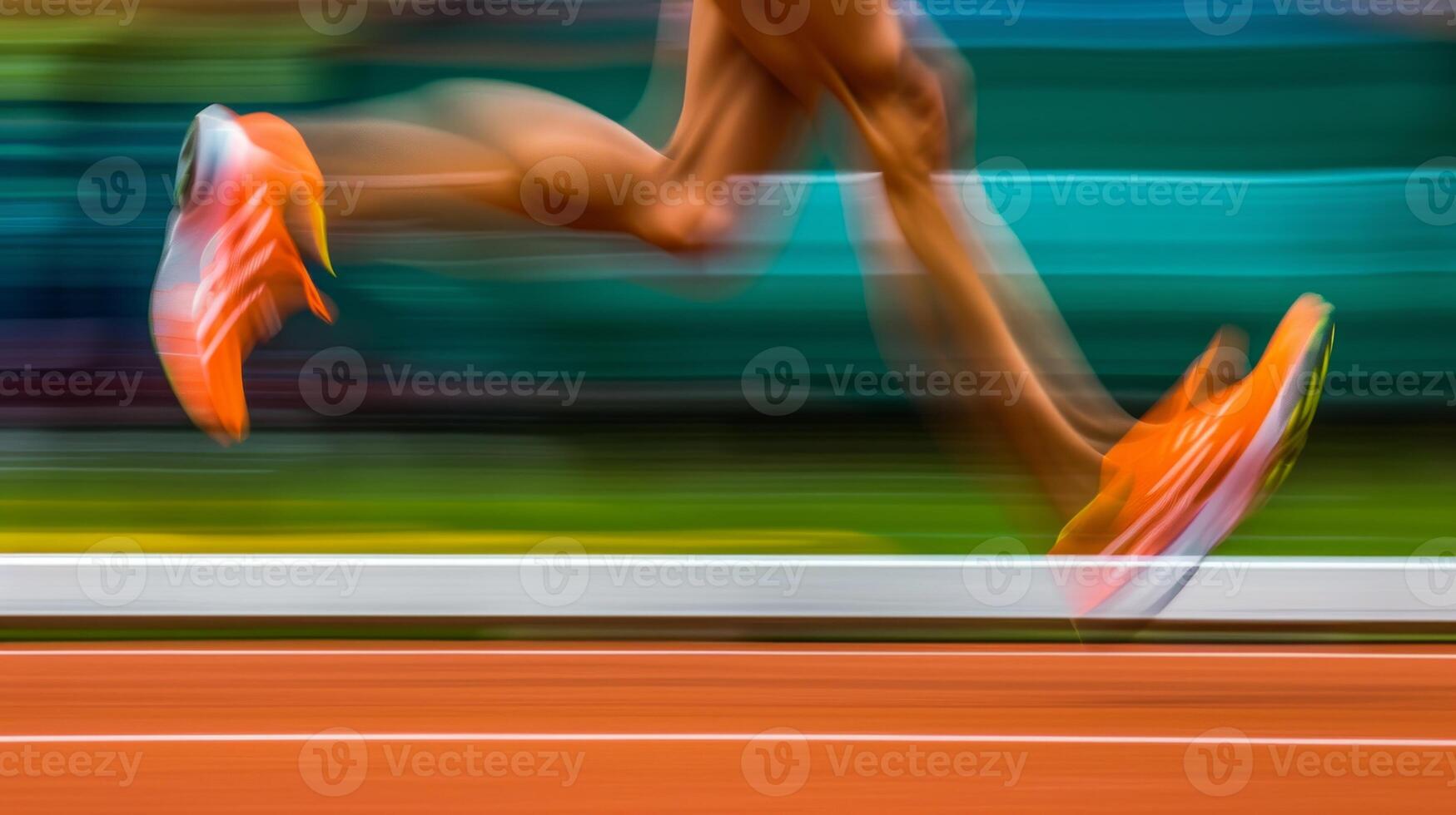 Close-up of an athlete's legs running with blurred motion. Runner's feet in orange shoes on the track. Concept of speed, athletic performance, motion, and competition photo