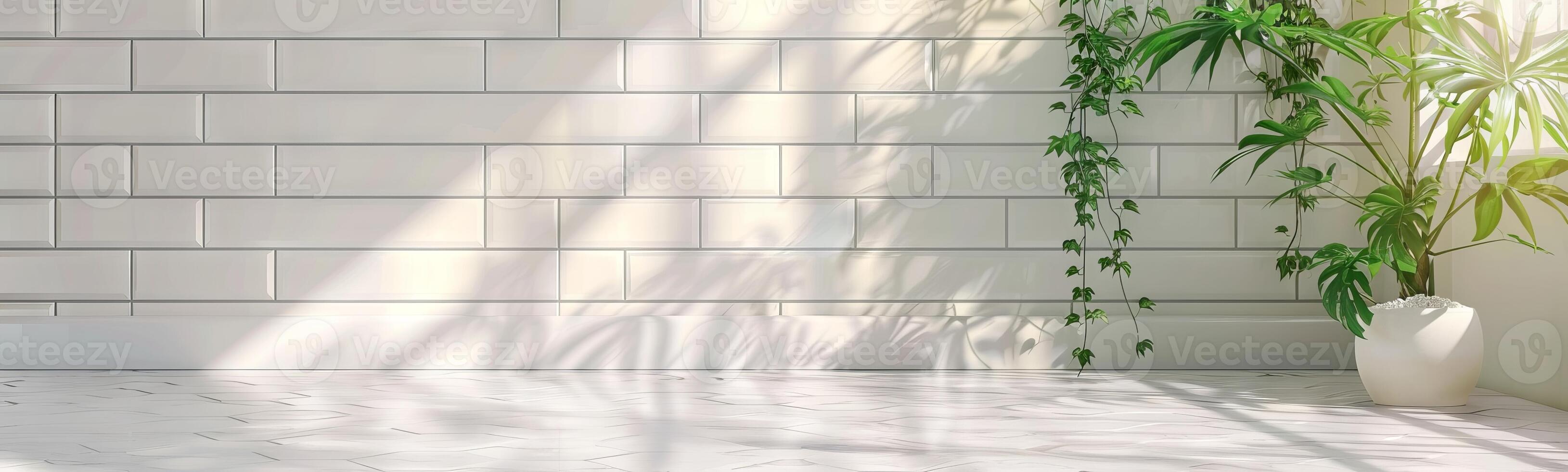 A potted plant with green leaves against a modern light-tiled wall. Minimalist interior decor. Concept of nature, calm, simple design, contemporary. Banner. Copy space. Mockup photo