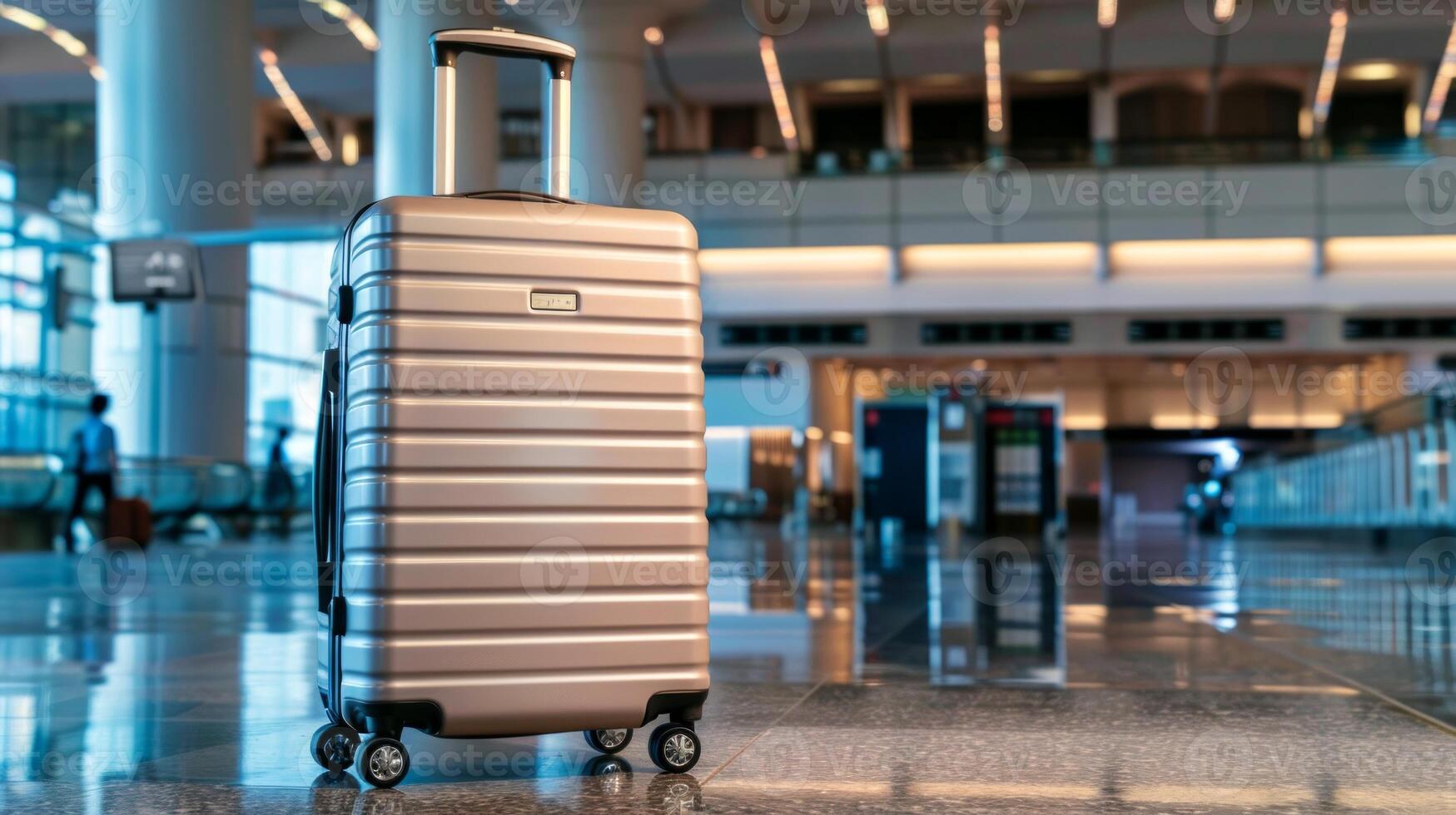 Suitcase in modern airport terminal. Travel luggage, journey preparation, vacation, transportation concept photo